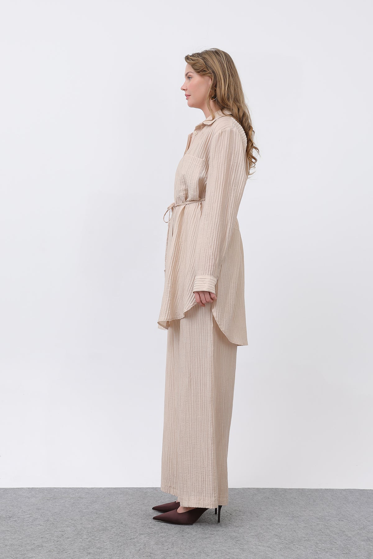 Kadın Beli Kuşaklı Pantolonlu Takım - 14336TKS BEIGE