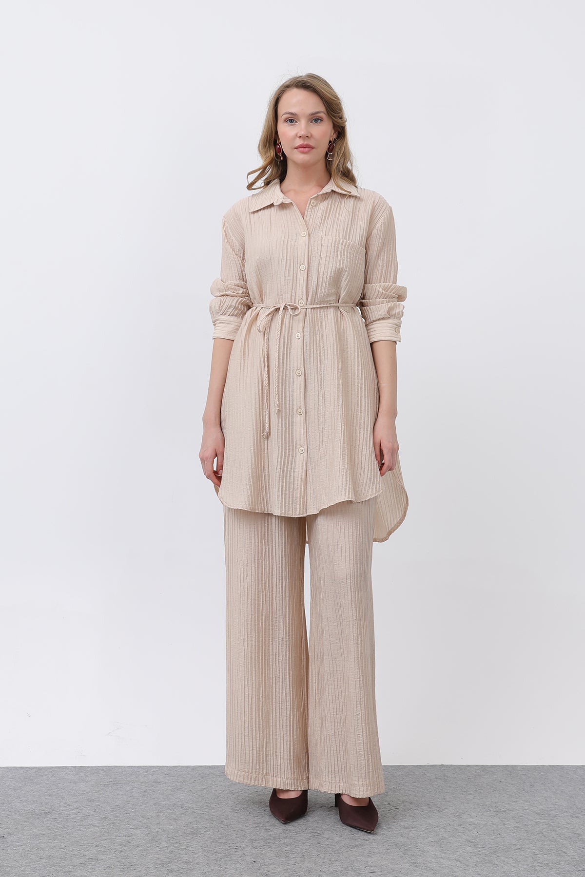 Kadın Beli Kuşaklı Pantolonlu Takım - 14336TKS BEIGE