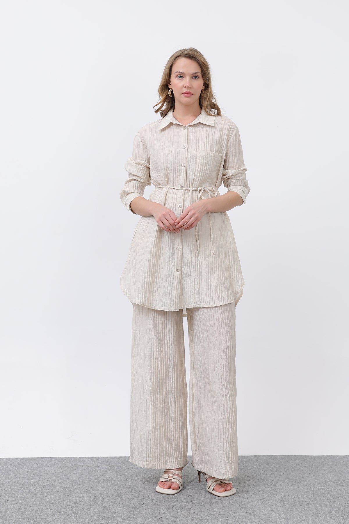 Kadın Beli Kuşaklı Pantolonlu Takım - 14336TKS STONE