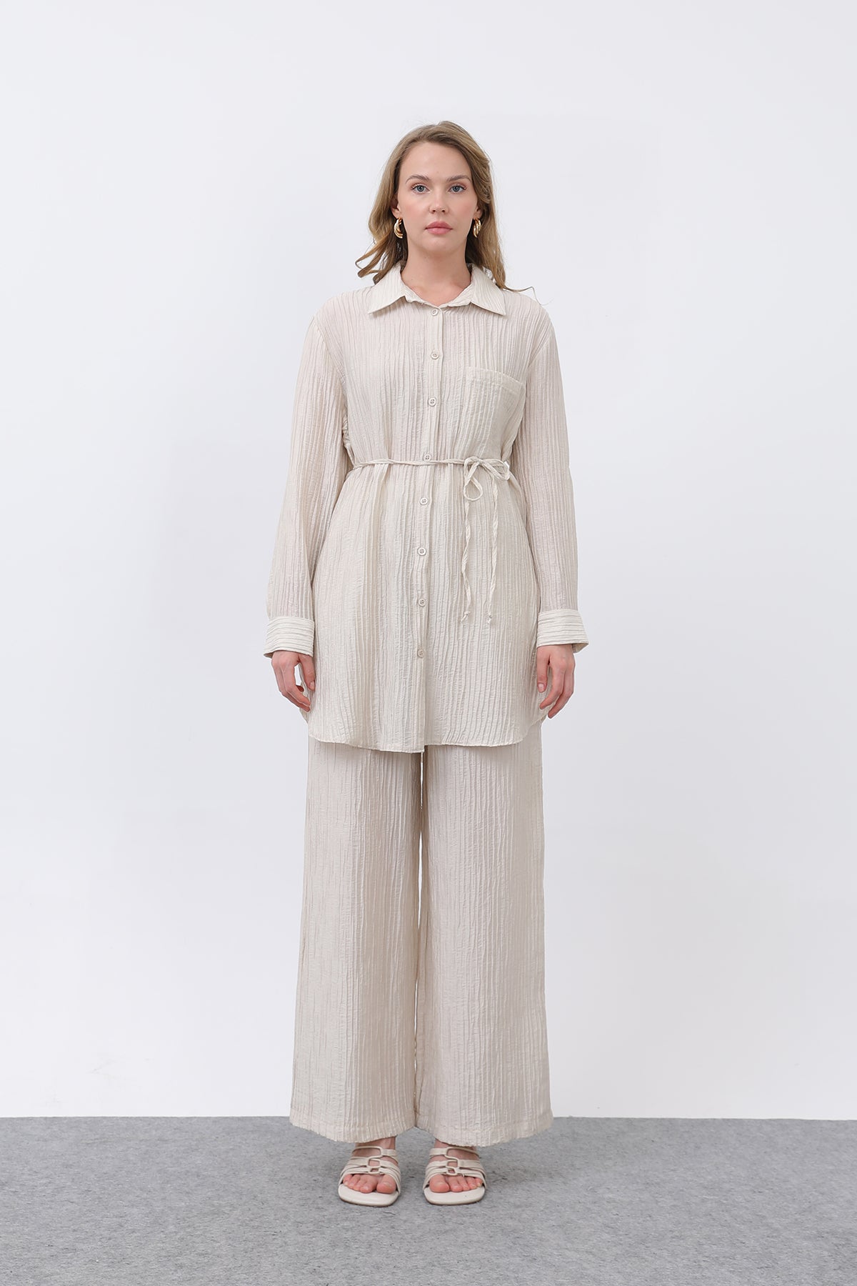 Kadın Beli Kuşaklı Pantolonlu Takım - 14336TKS STONE