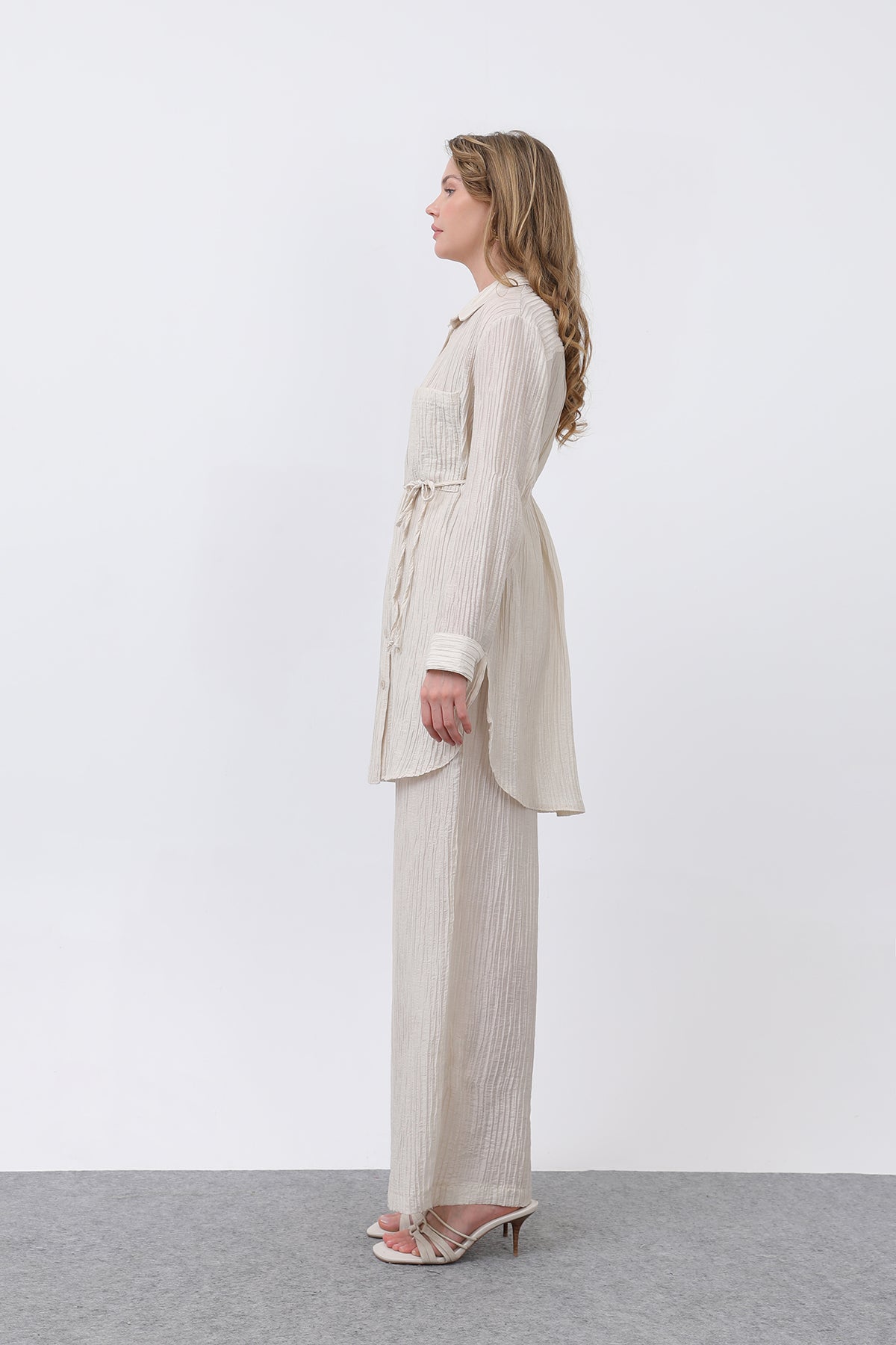 Kadın Beli Kuşaklı Pantolonlu Takım - 14336TKS STONE