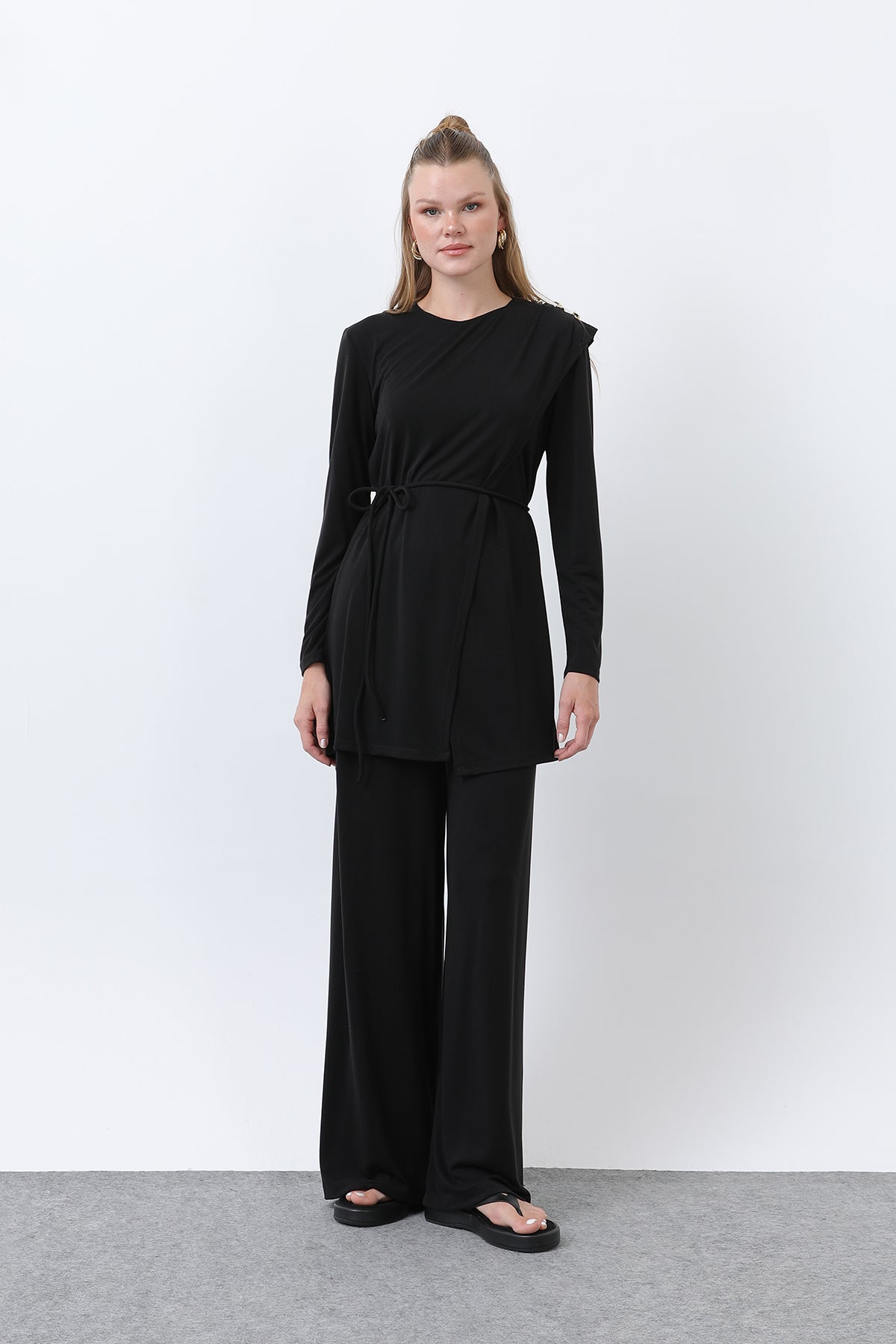 Kadın Omuzu Düğme Detaylı Kruvaze Tunik Pantolon Takım - 14341TKS BLACK