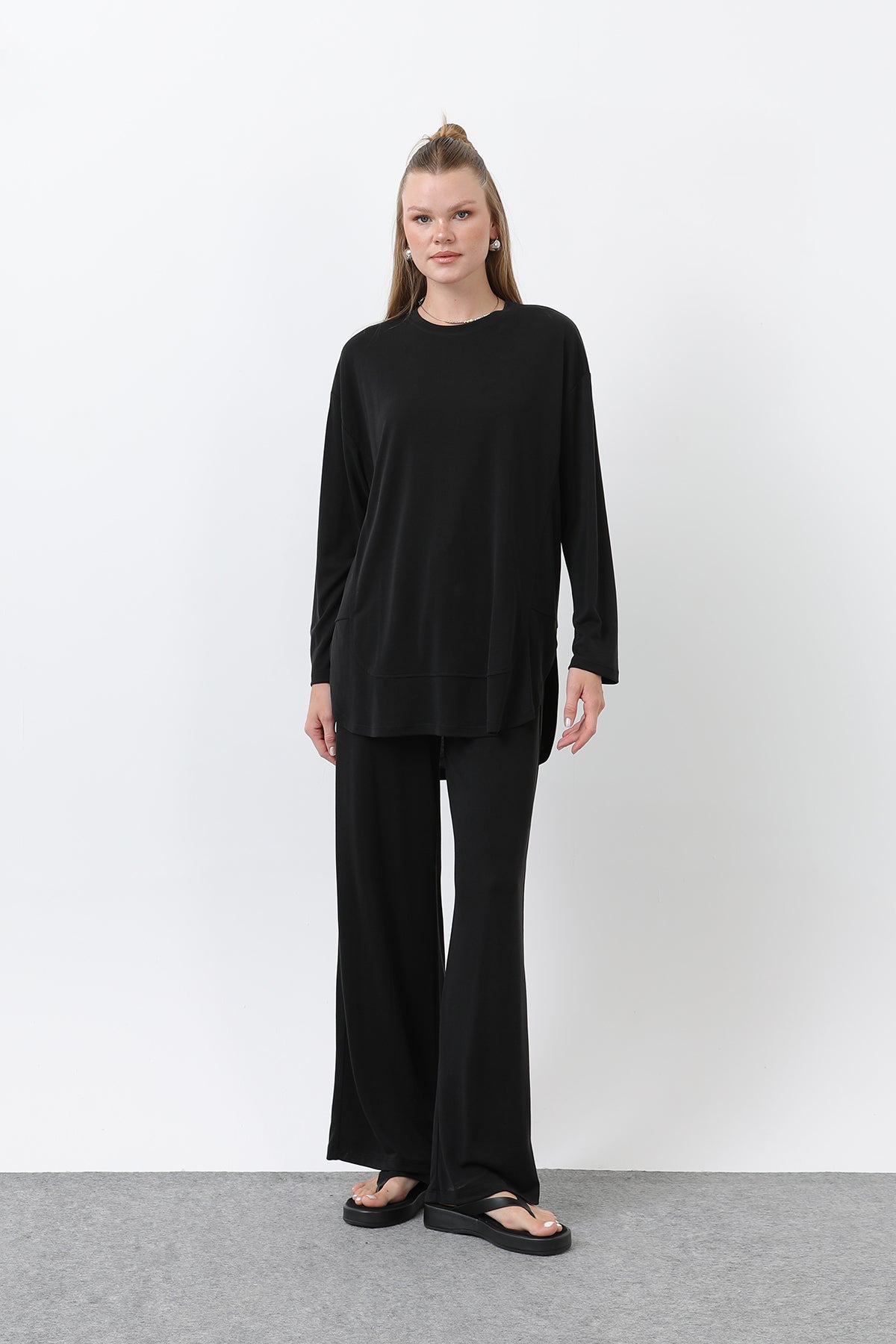 Kadın Önü Dikiş Detaylı Pantolonlu Takım - 14344TKS BLACK