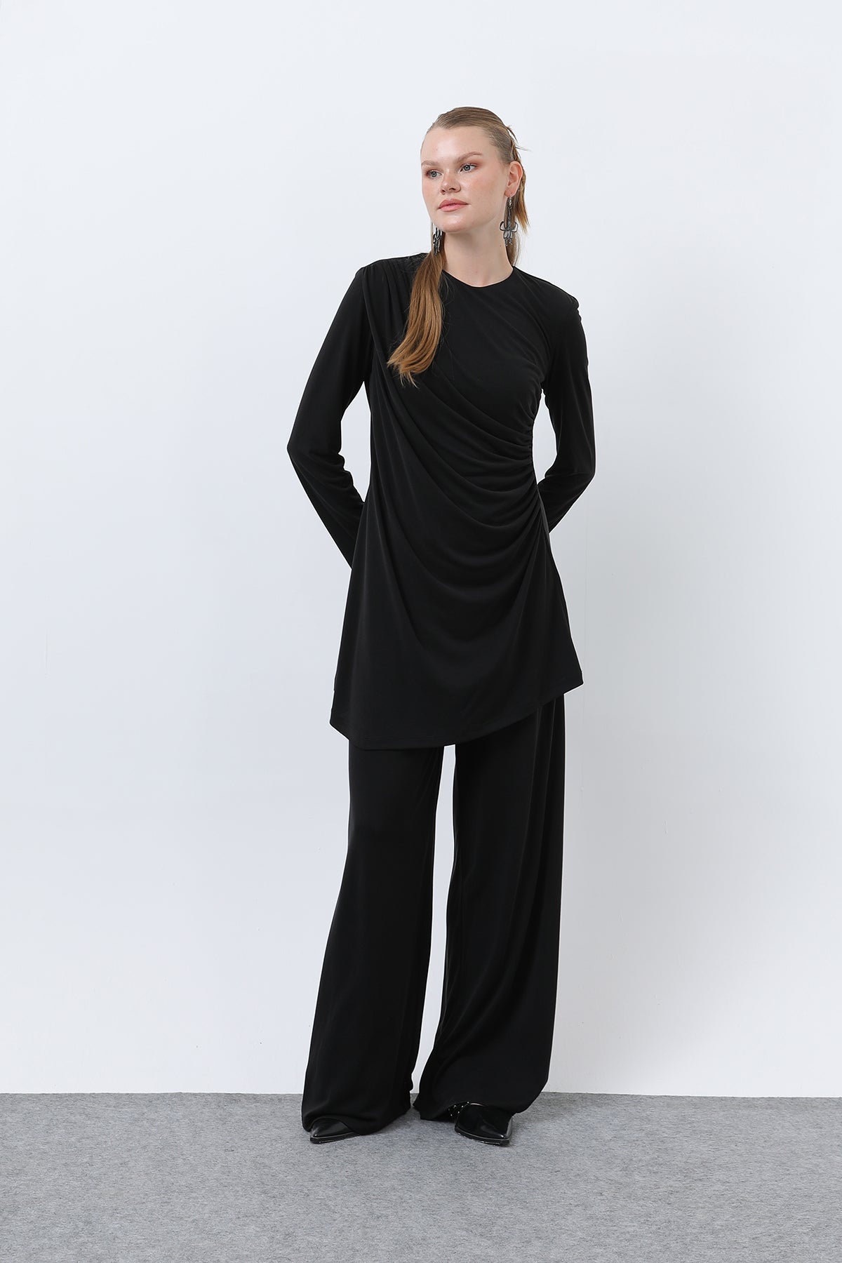 Kadın Drape Detaylı Pantolonlu Takım - 14349TKS BLACK