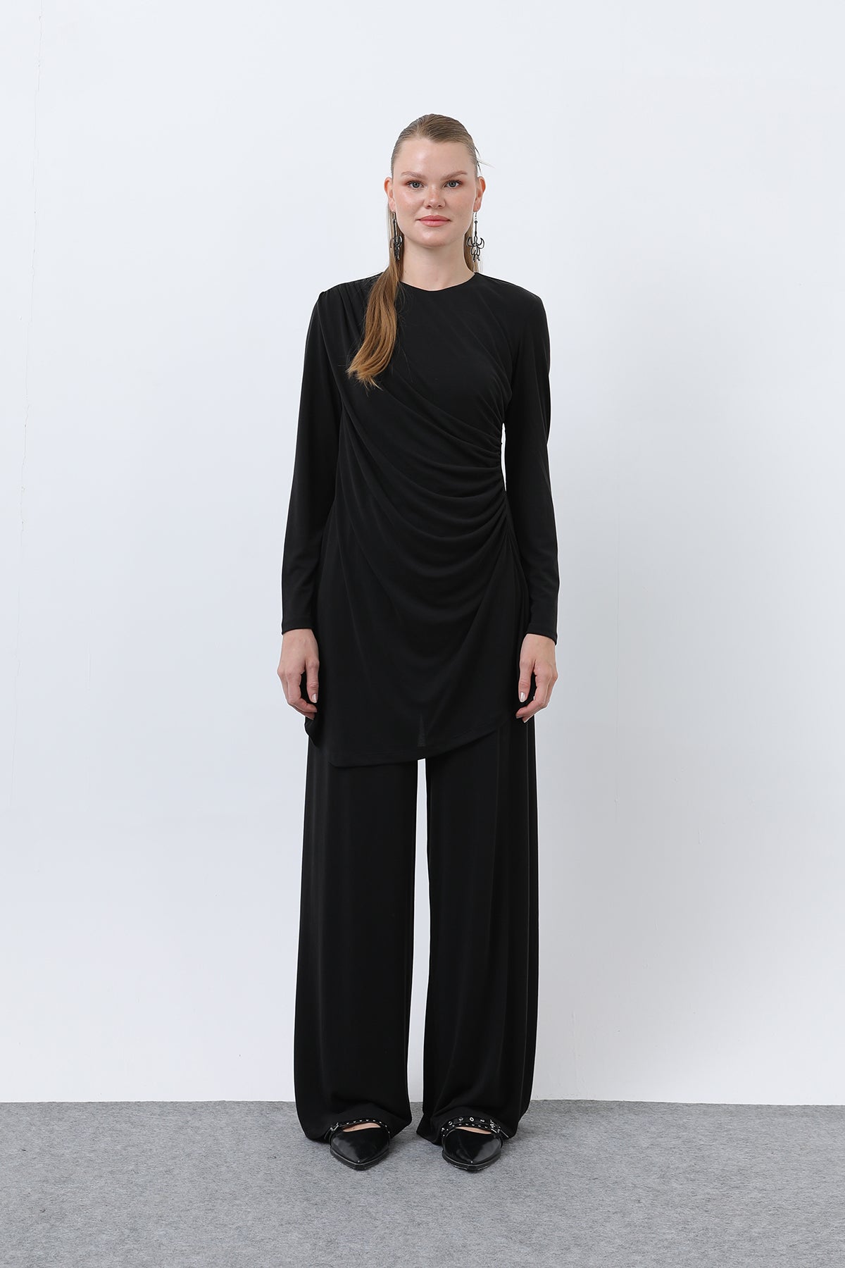 Kadın Drape Detaylı Pantolonlu Takım - 14349TKS BLACK