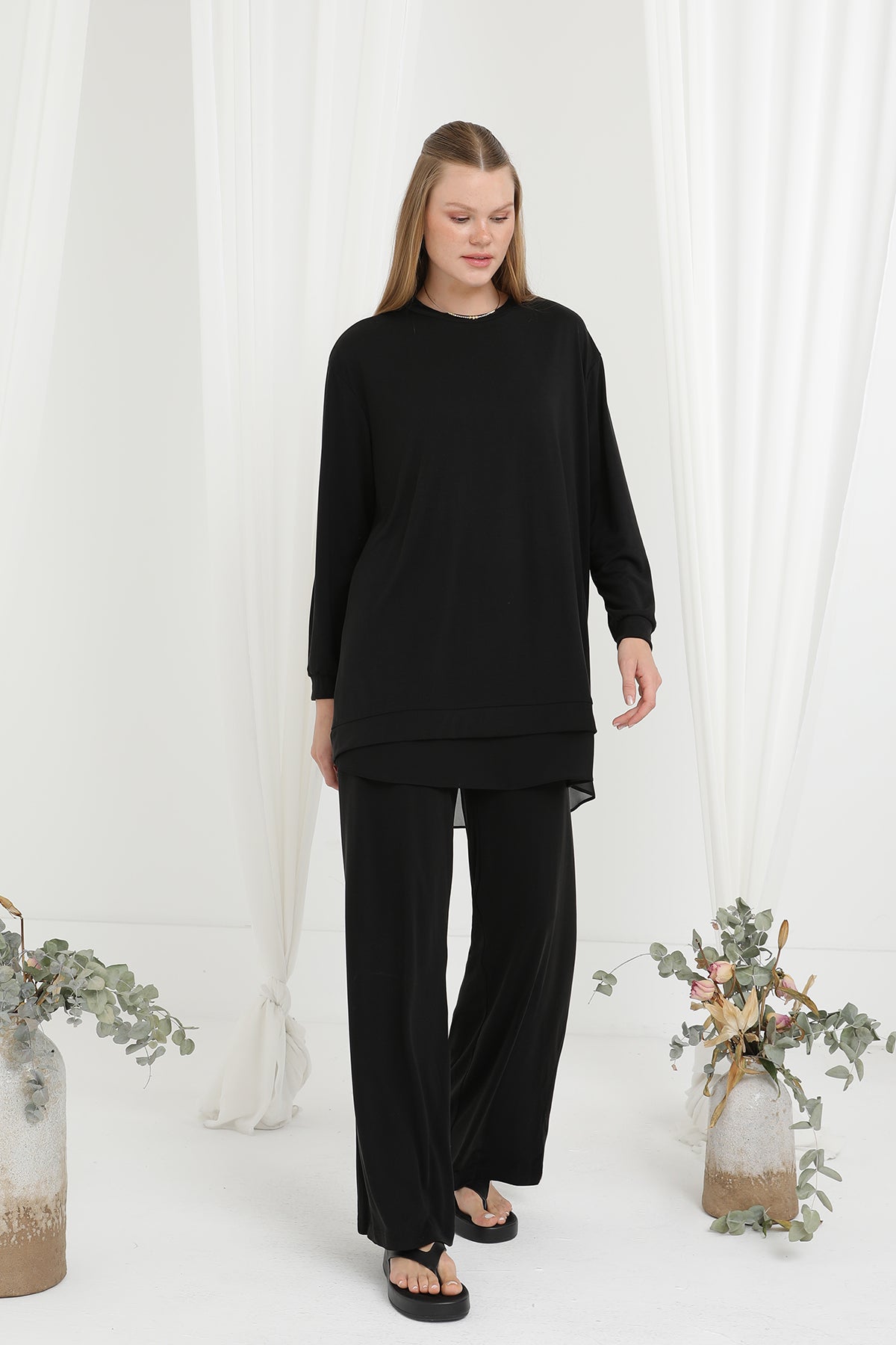 Kadın Şifon Geçişli Pantolon Takım -14352TKS BLACK