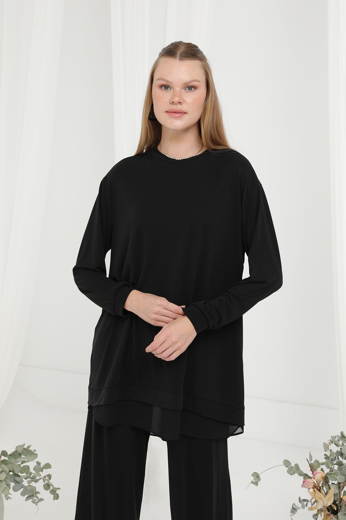 Kadın Şifon Geçişli Pantolon Takım -14352TKS BLACK