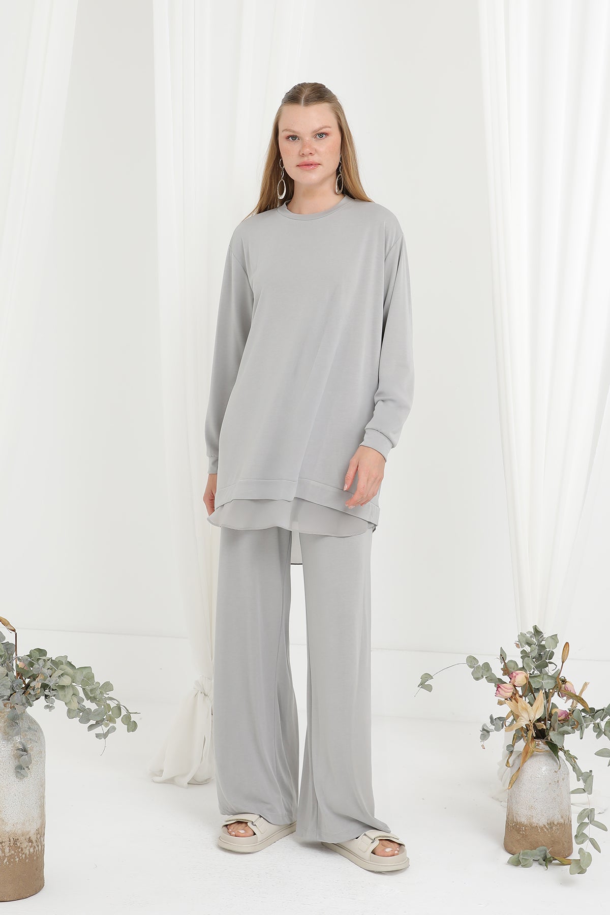 Kadın Şifon Geçişli Pantolon Takım -14352TKS GREY