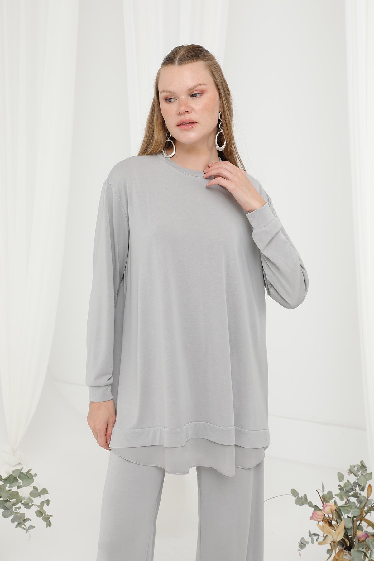 Kadın Şifon Geçişli Pantolon Takım -14352TKS GREY