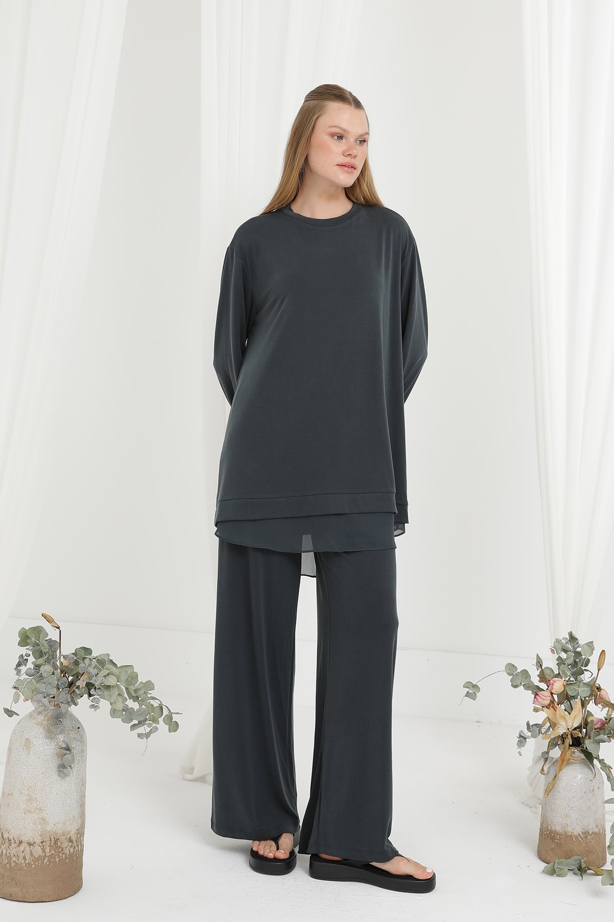 Kadın Şifon Geçişli Pantolon Takım -14352TKS DARK ANTHRACITE