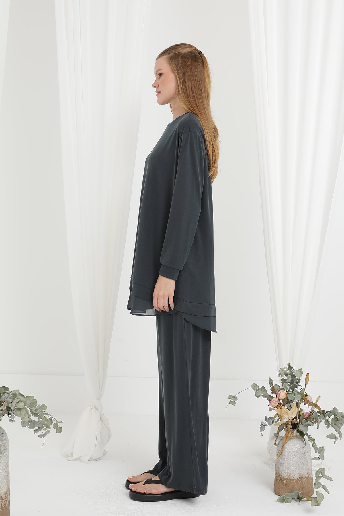 Kadın Şifon Geçişli Pantolon Takım -14352TKS DARK ANTHRACITE