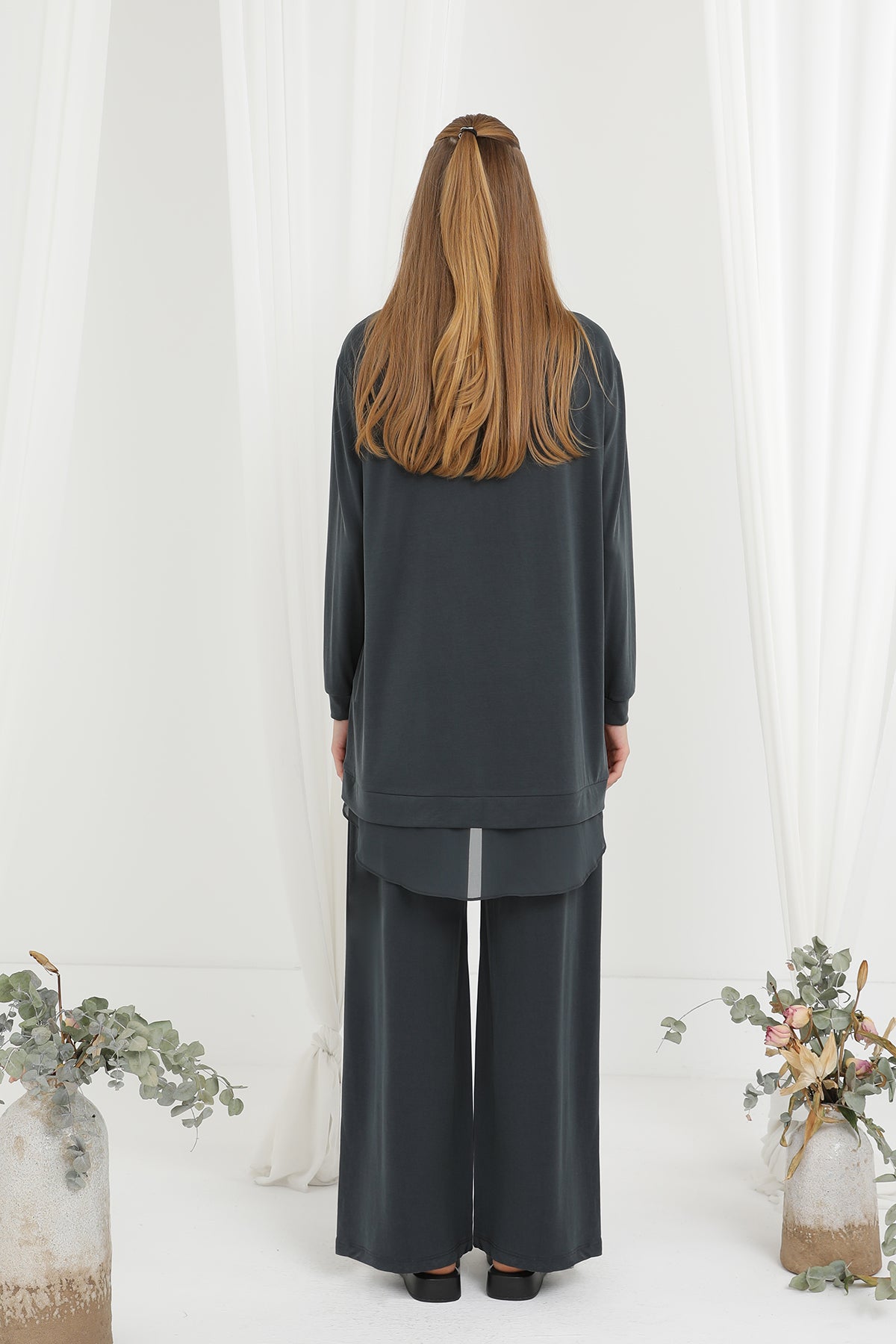 Kadın Şifon Geçişli Pantolon Takım -14352TKS DARK ANTHRACITE