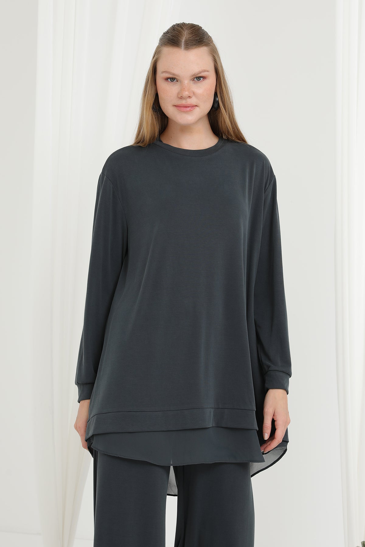 Kadın Şifon Geçişli Pantolon Takım -14352TKS DARK ANTHRACITE