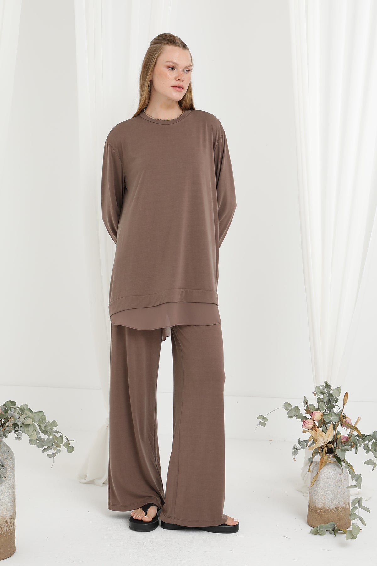 Kadın Şifon Geçişli Pantolon Takım -14352TKS BROWN