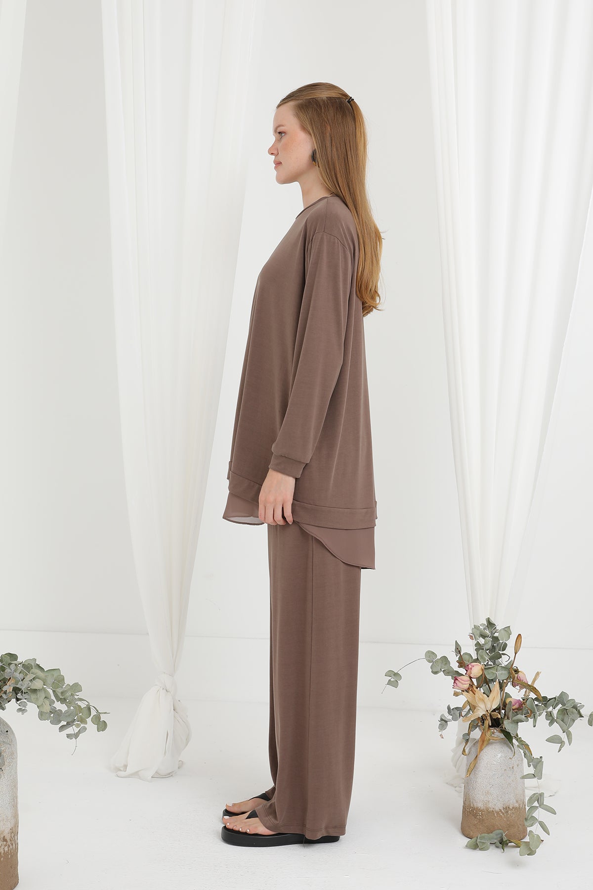 Kadın Şifon Geçişli Pantolon Takım -14352TKS BROWN