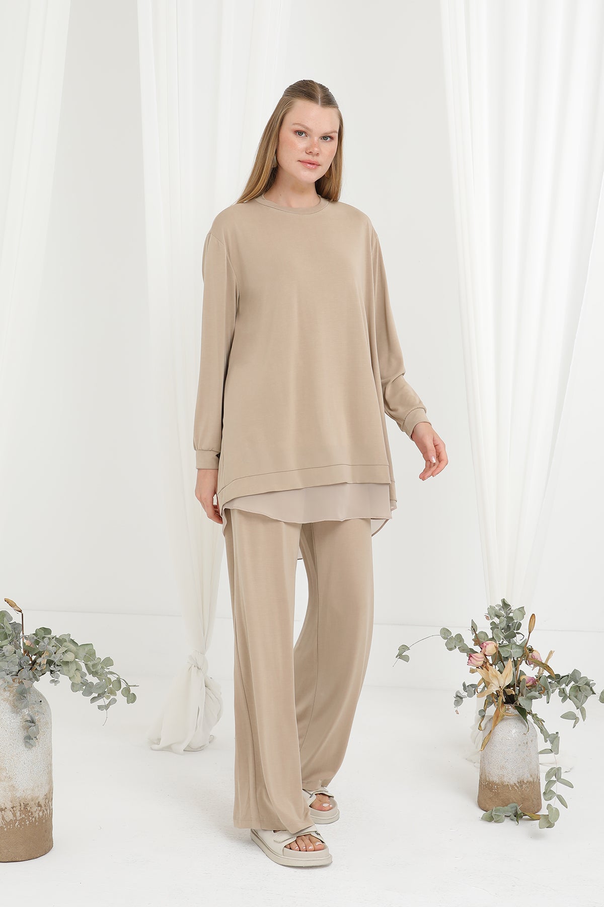 Kadın Şifon Geçişli Pantolon Takım -14352TKS BEIGE
