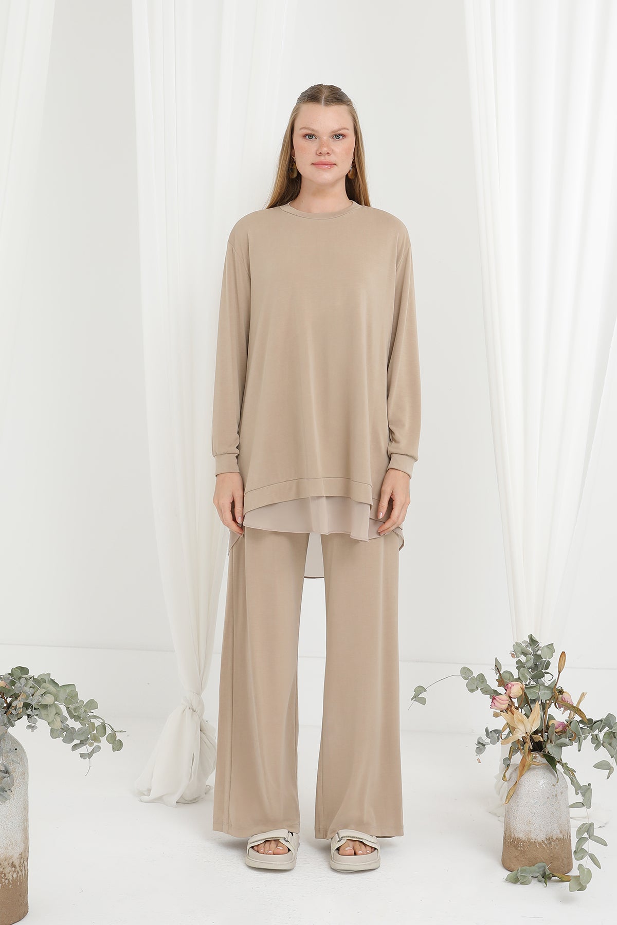 Kadın Şifon Geçişli Pantolon Takım -14352TKS BEIGE
