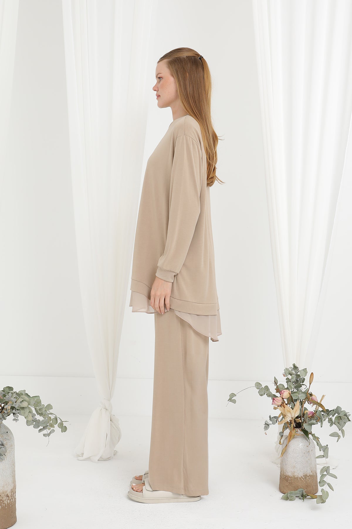 Kadın Şifon Geçişli Pantolon Takım -14352TKS BEIGE