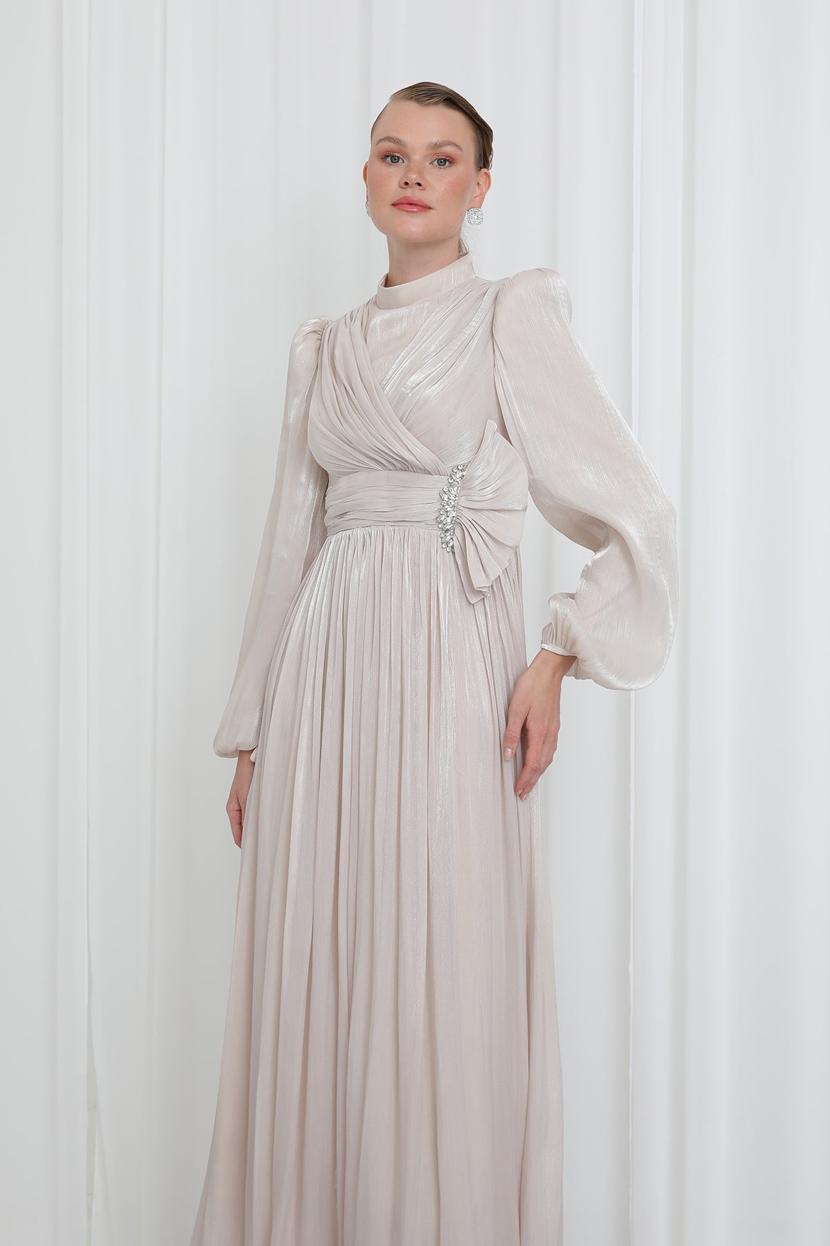 Kadın Piliseli Uzun Kollu Abiye Elbise
 -17002ELB BEIGE