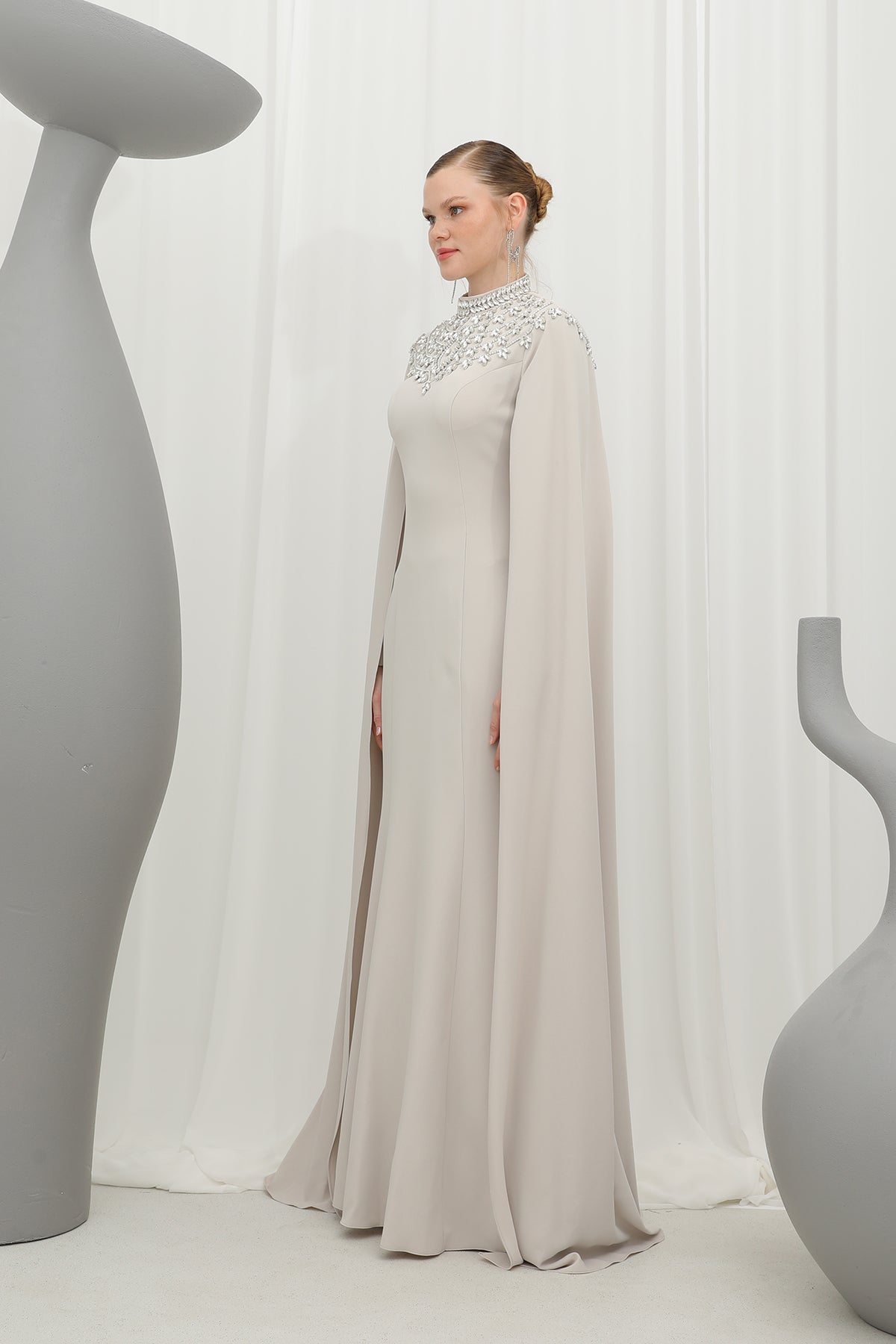 Kadın Taş İşlemeli Uzun Kollu  Abiye Elbise -17003ELB BEIGE