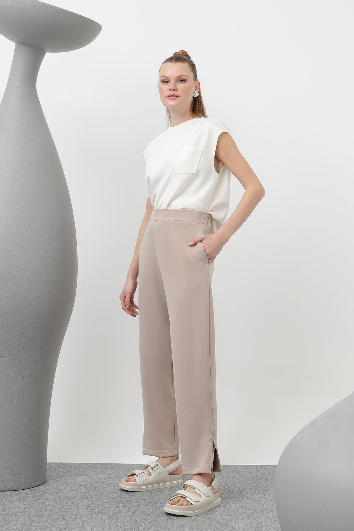 Kadın Ön Korsaj Arka Lastik Pantolon - 18225PNT BEIGE