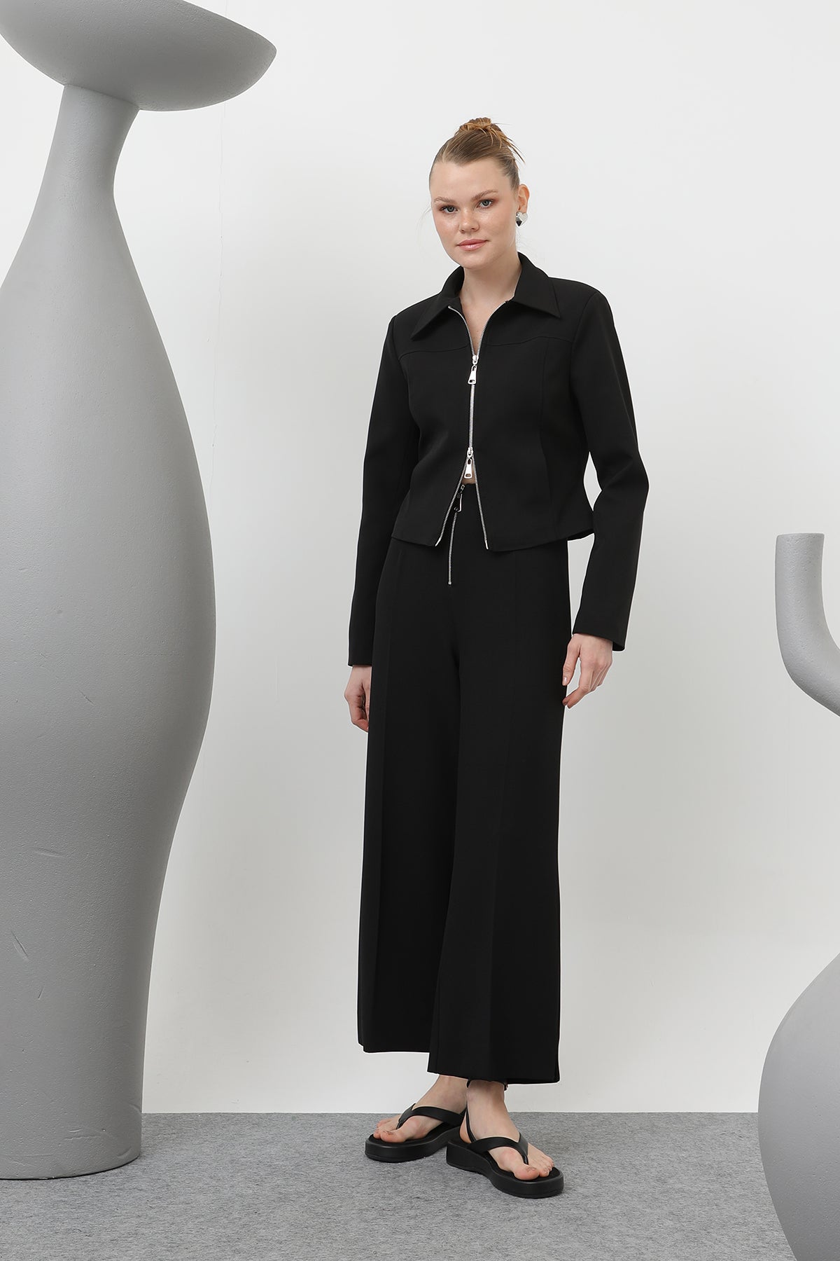 Kadın Fermuar Detaylı Pensli Pantolon- 18228PNT BLACK