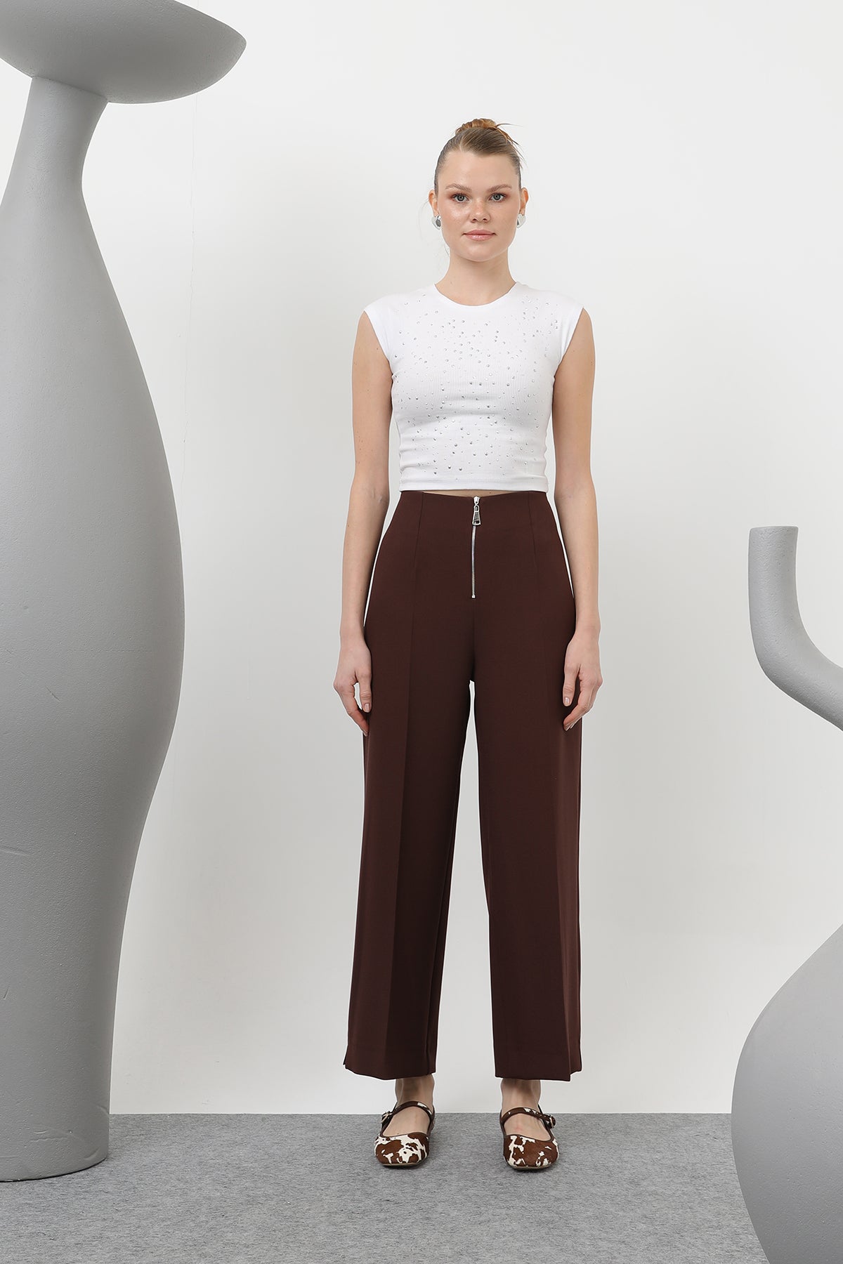 Kadın Fermuar Detaylı Pensli Pantolon- 18228PNT BROWN