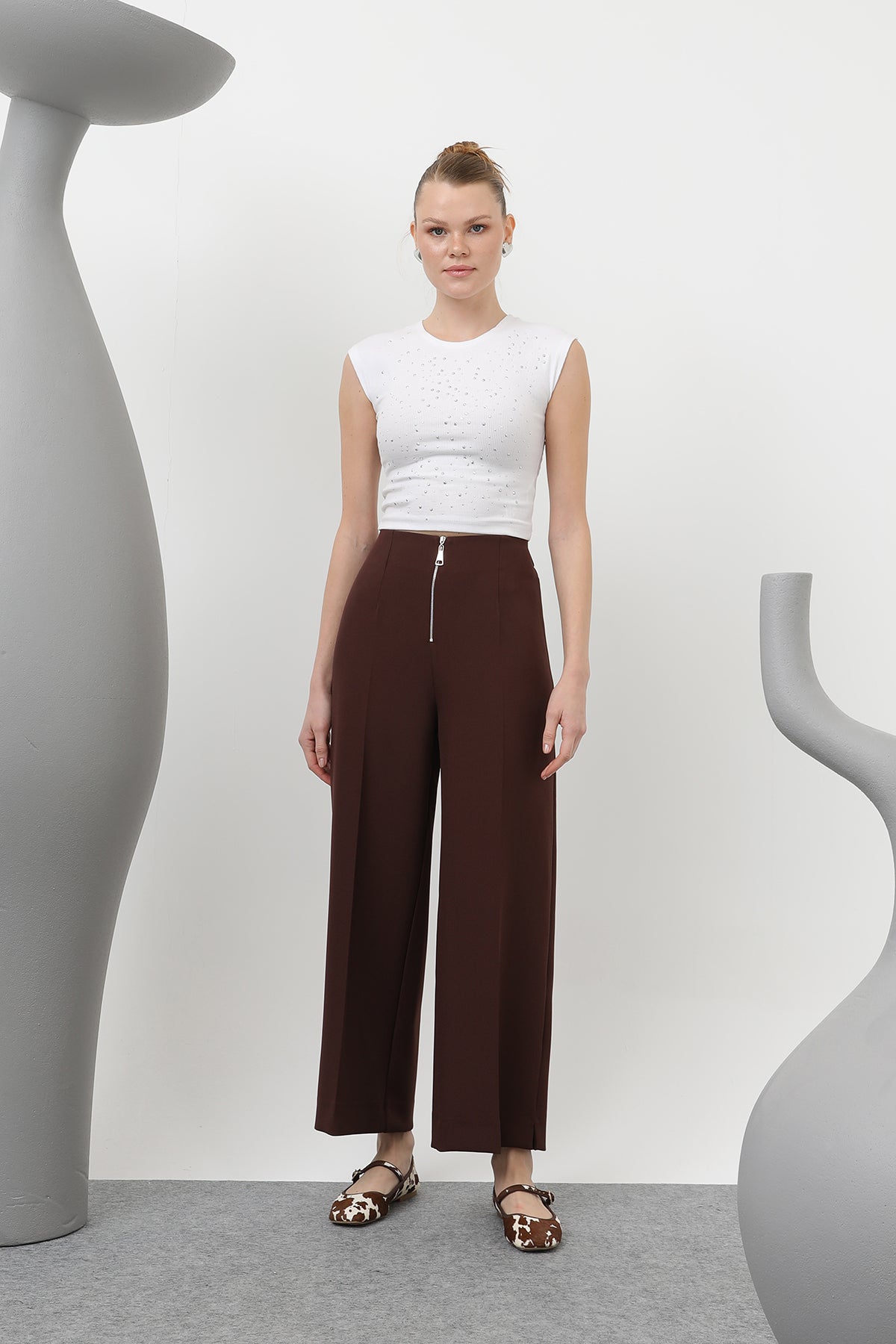 Kadın Fermuar Detaylı Pensli Pantolon- 18228PNT BROWN