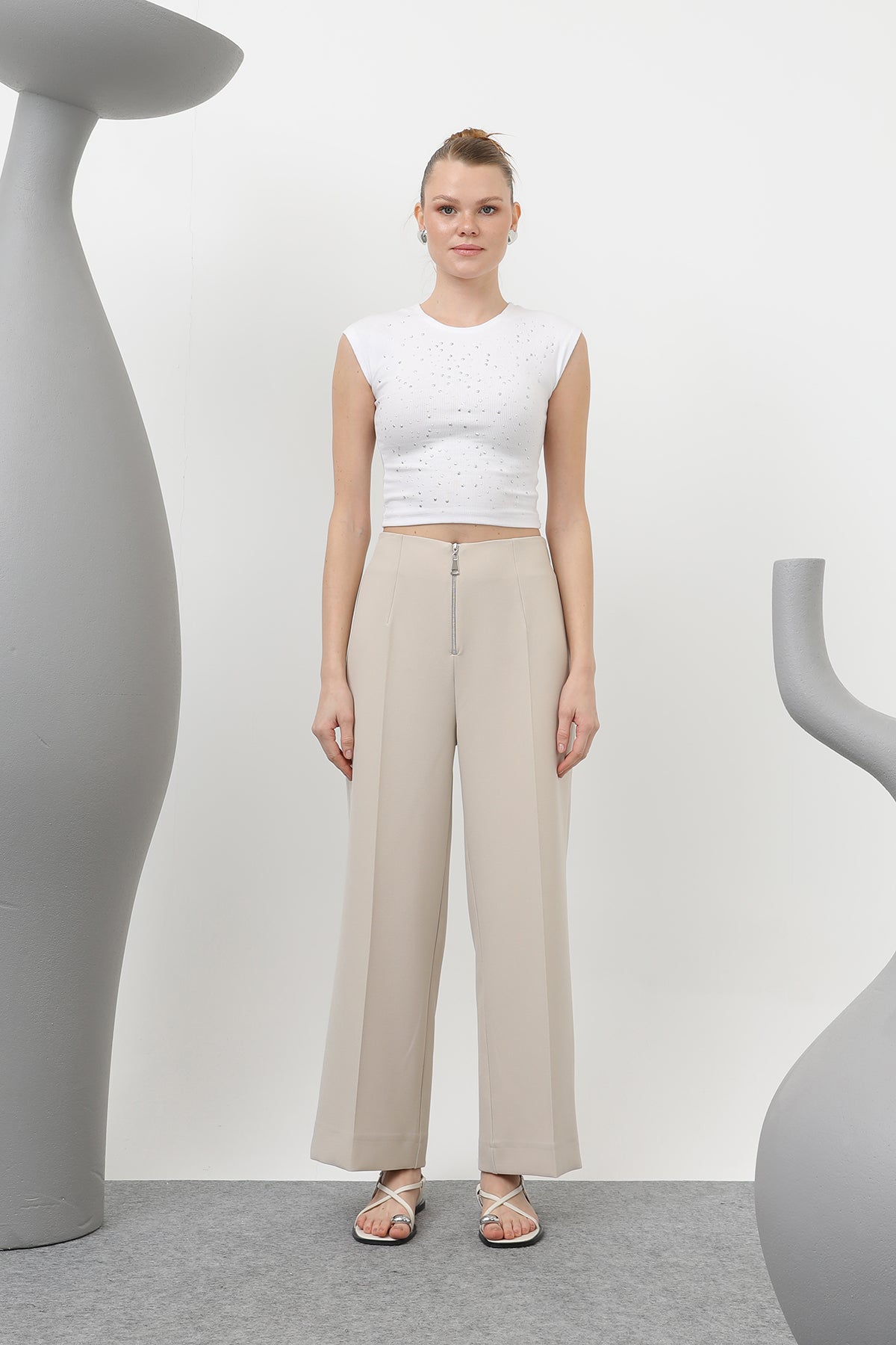 Kadın Fermuar Detaylı Pensli Pantolon- 18228PNT BEIGE