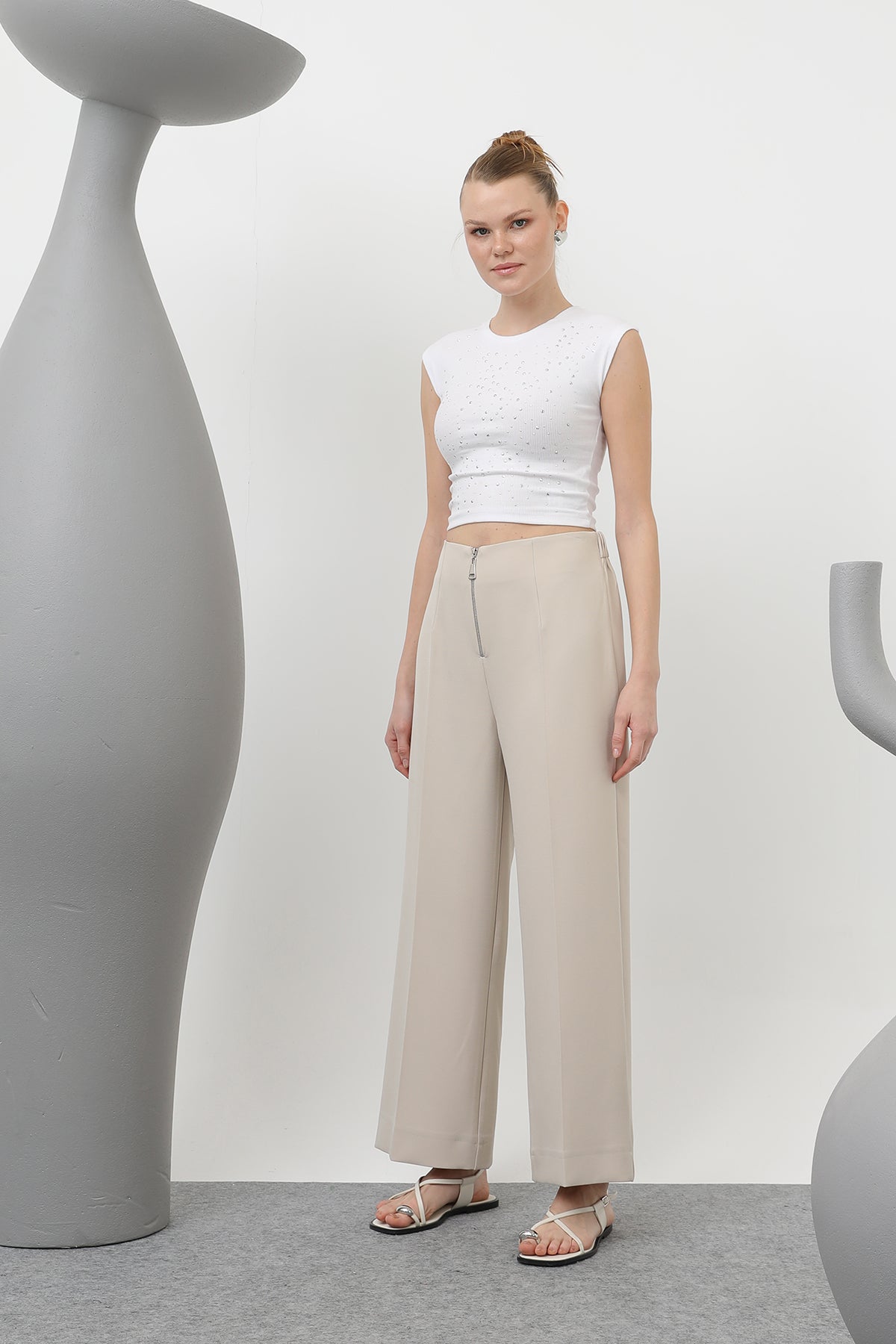 Kadın Fermuar Detaylı Pensli Pantolon- 18228PNT BEIGE
