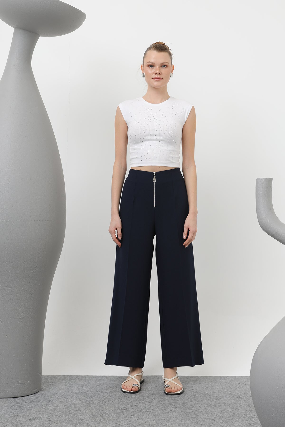Kadın Fermuar Detaylı Pensli Pantolon- 18228PNT NAVY