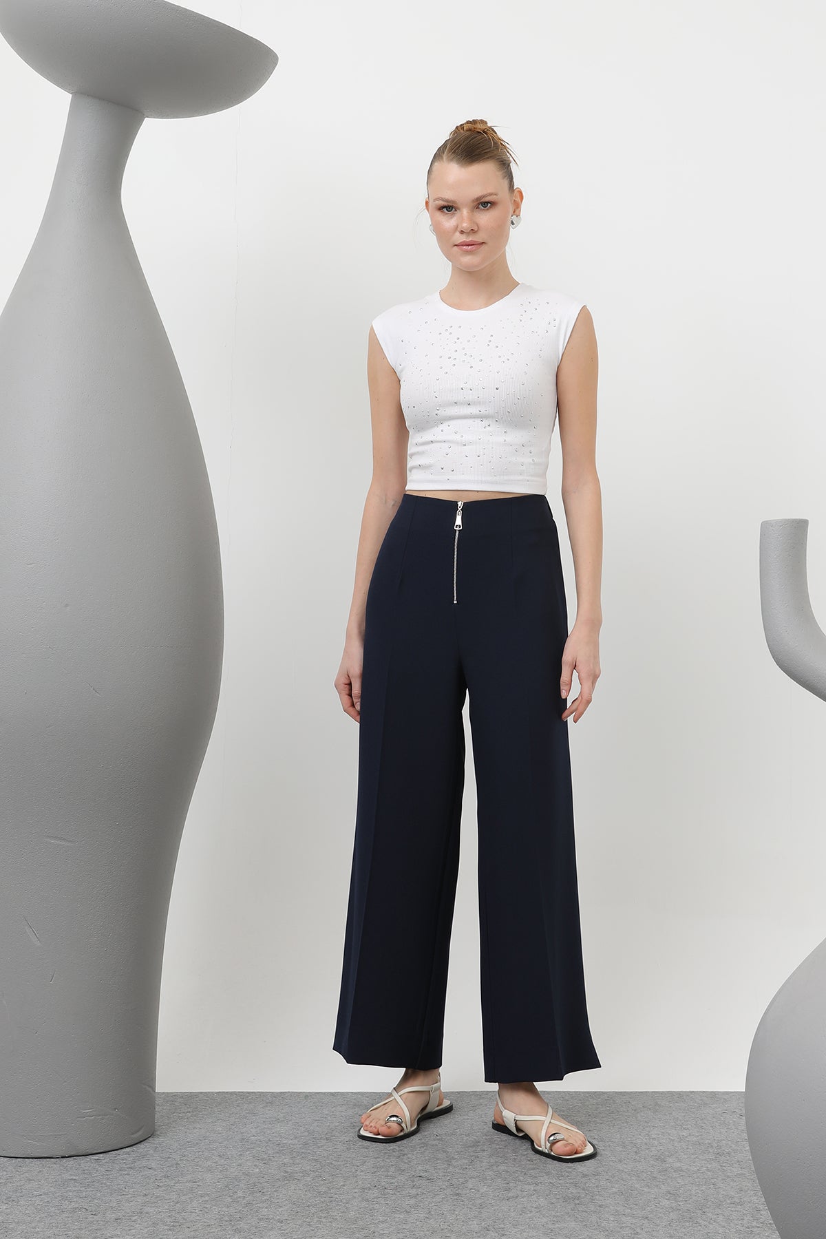 Kadın Fermuar Detaylı Pensli Pantolon- 18228PNT NAVY