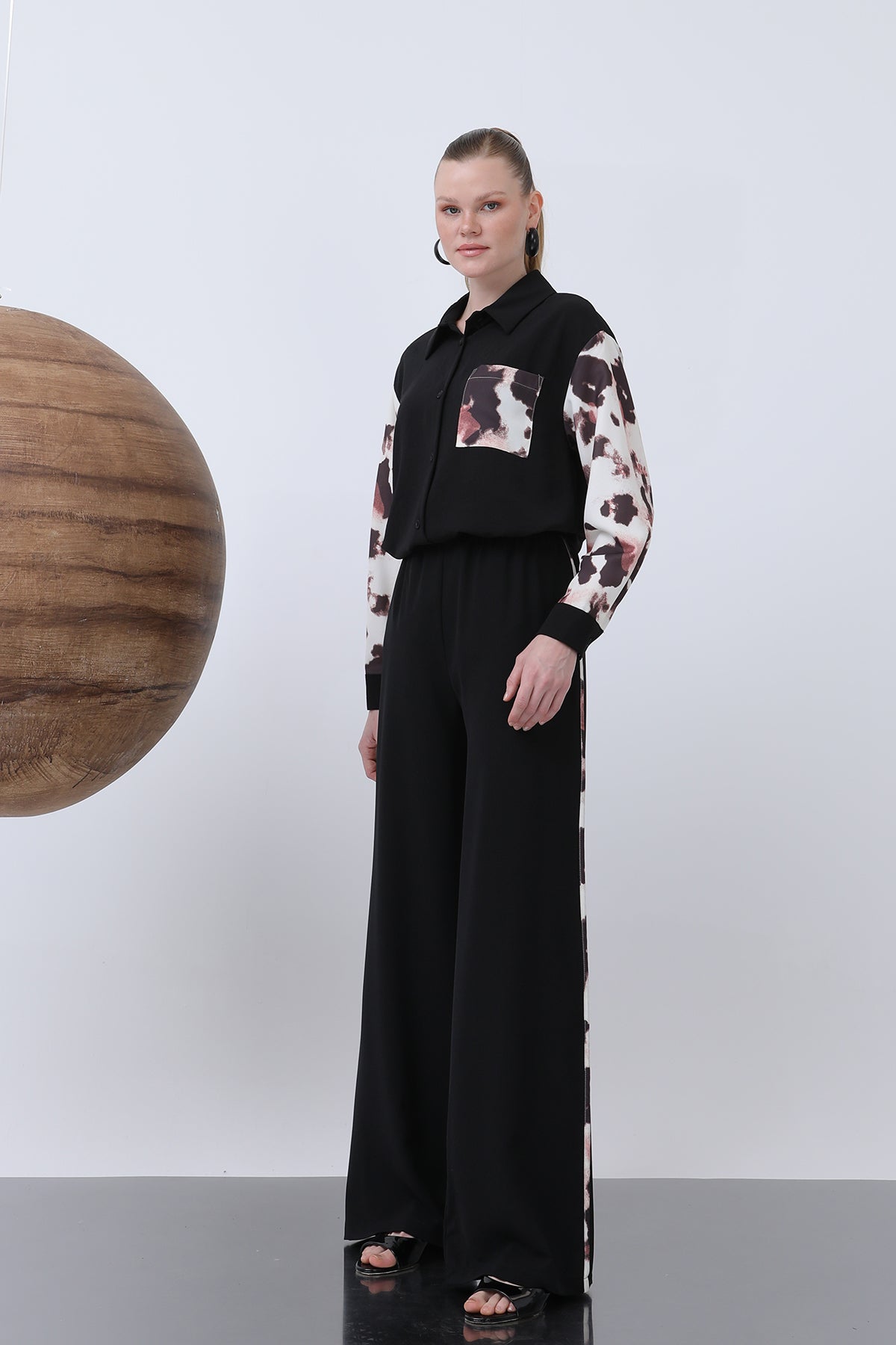 Kadın Beli Lastikli Biye Detaylı Bol Pantolon - 18236PNT BLACK
