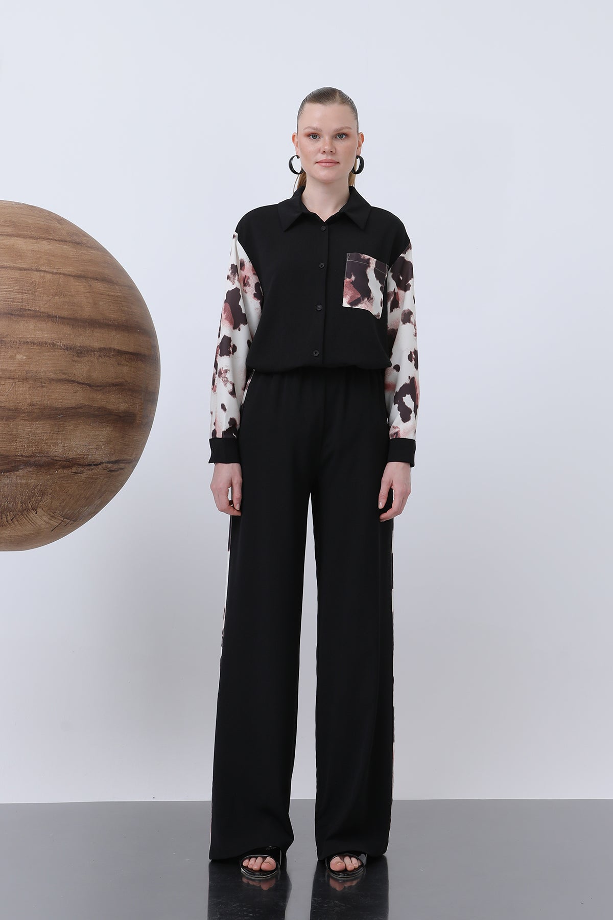 Kadın Beli Lastikli Biye Detaylı Bol Pantolon - 18236PNT BLACK