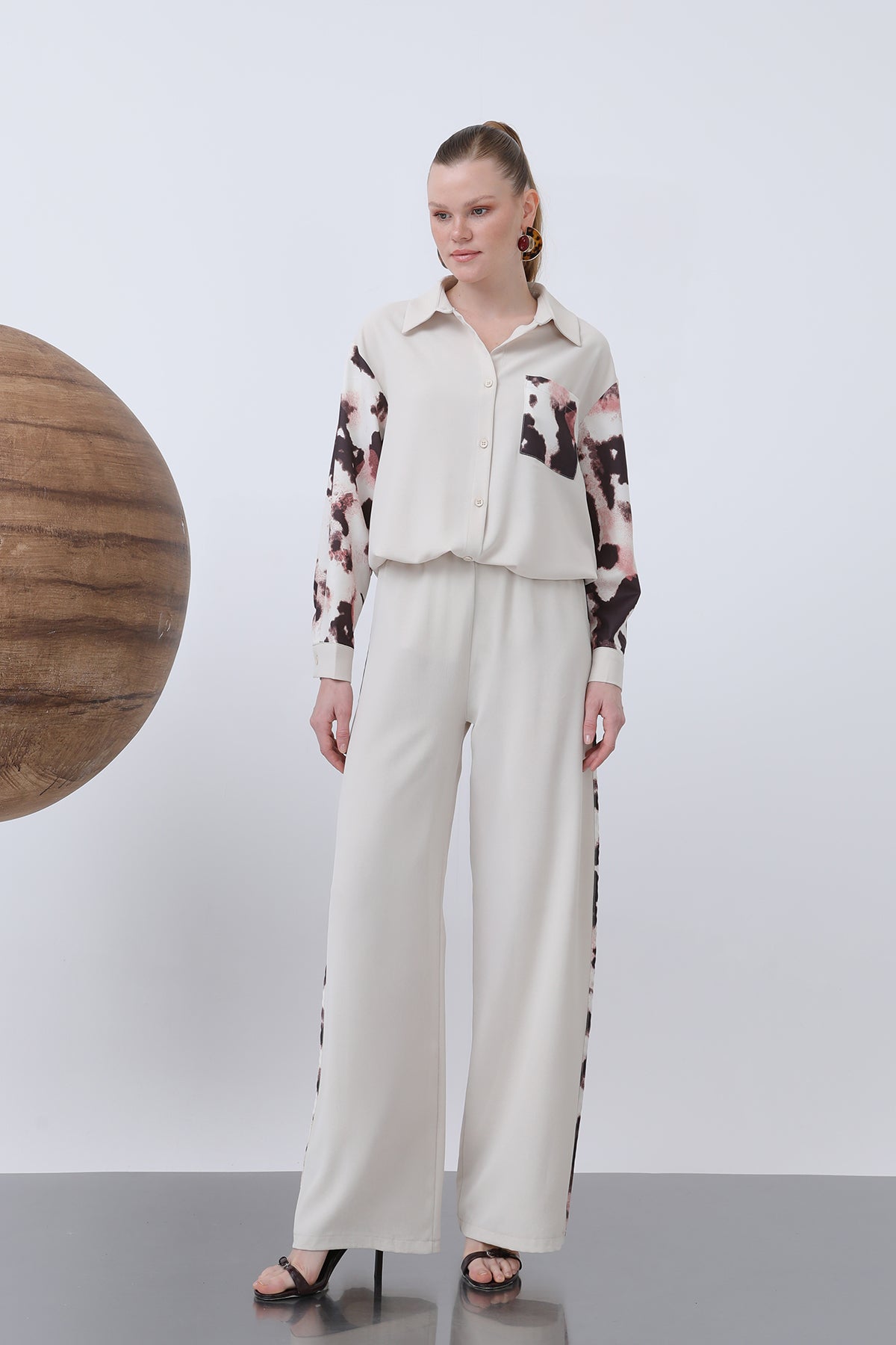 Kadın Beli Lastikli Biye Detaylı Bol Pantolon - 18236PNT BEIGE