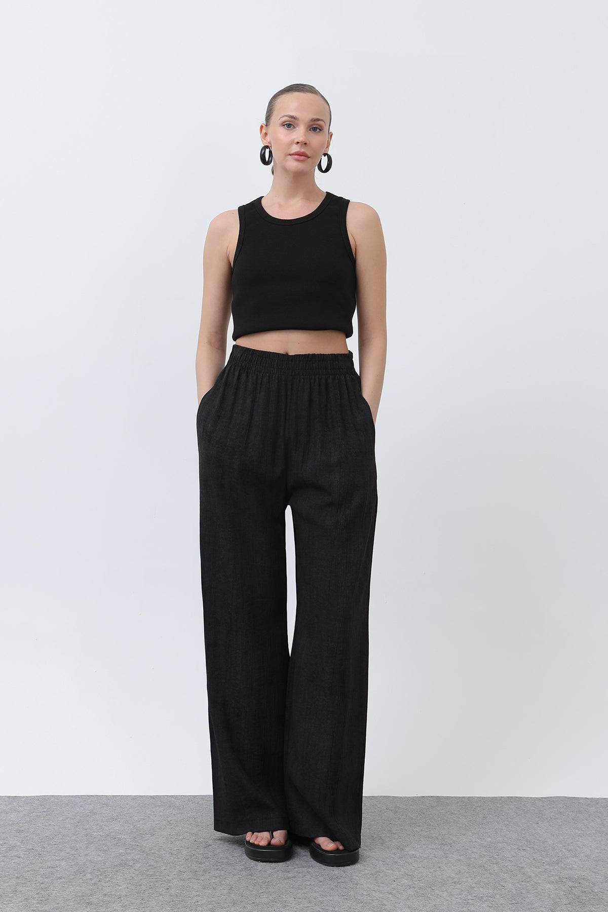 Kadın Beli Lastikli Bol Pantolon - 18238PNT BLACK