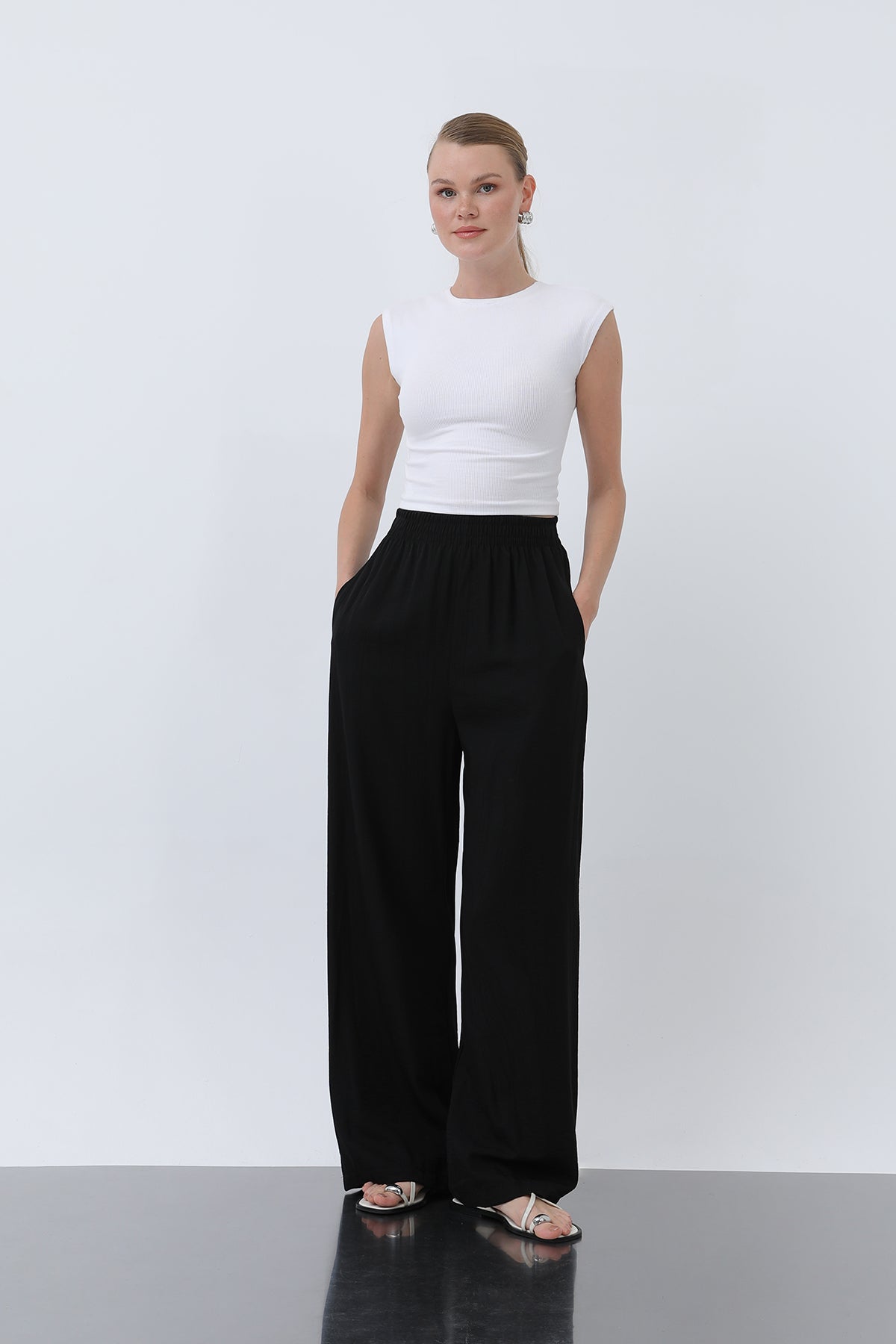 Kadın Beli Lastikli Bol Pantolon - 18239PNT BLACK