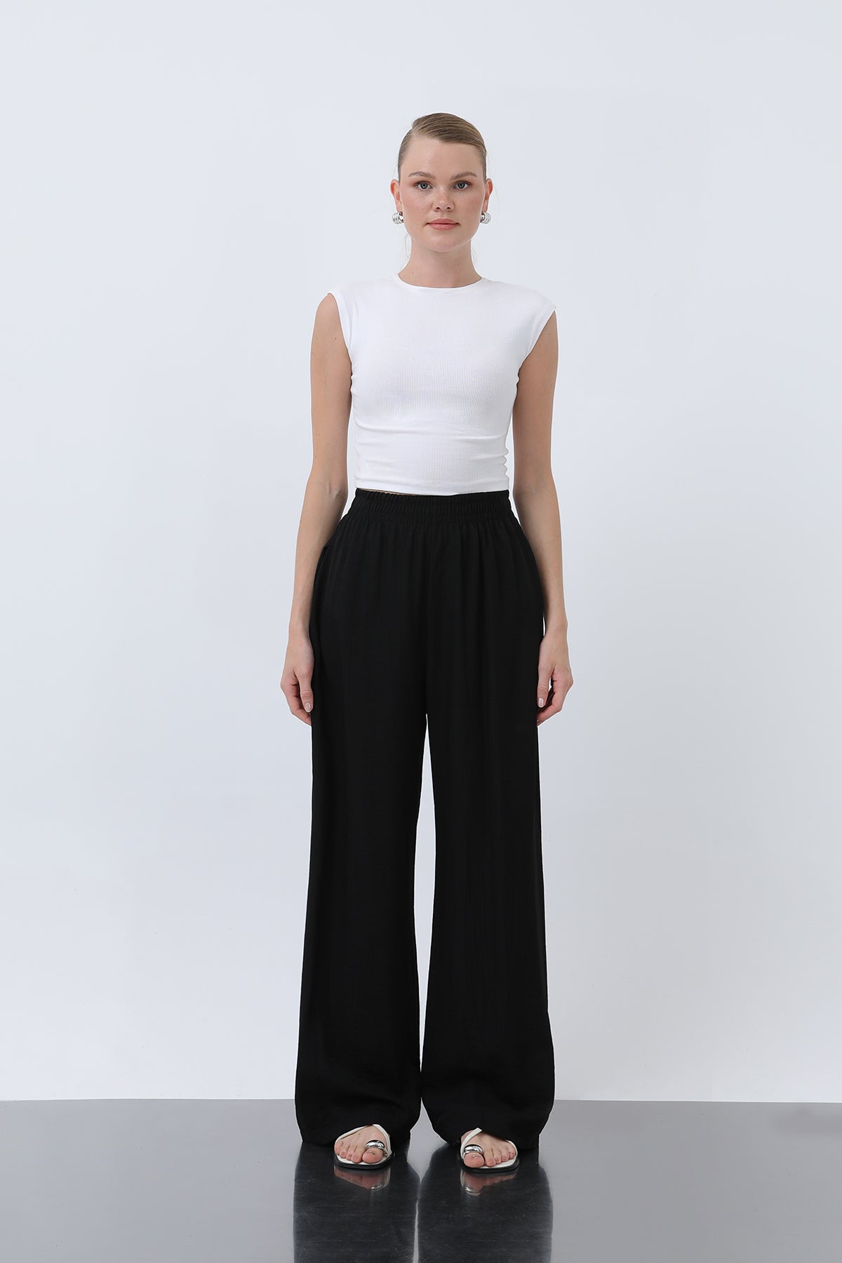 Kadın Beli Lastikli Bol Pantolon - 18239PNT BLACK