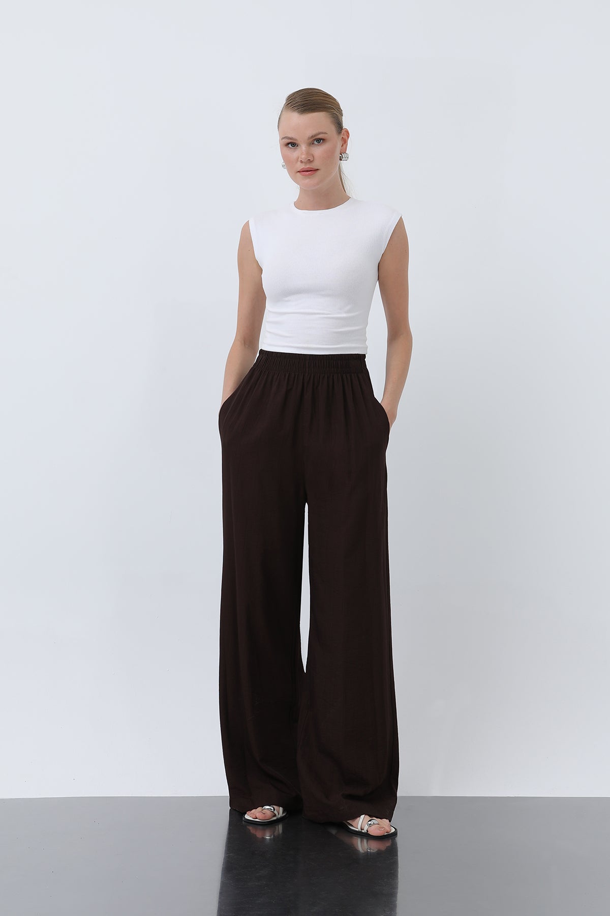 Kadın Beli Lastikli Bol Pantolon - 18239PNT BROWN