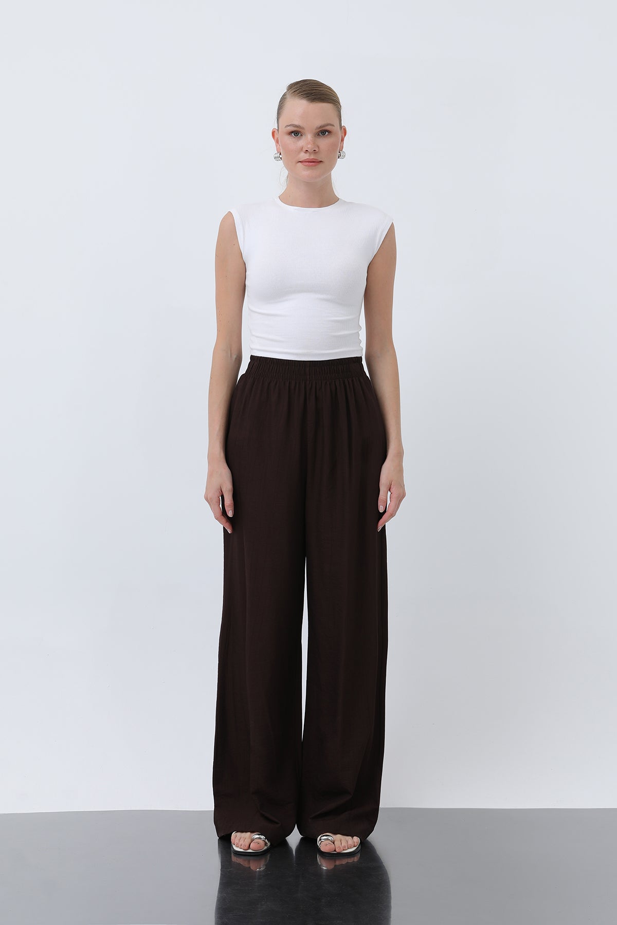 Kadın Beli Lastikli Bol Pantolon - 18239PNT BROWN