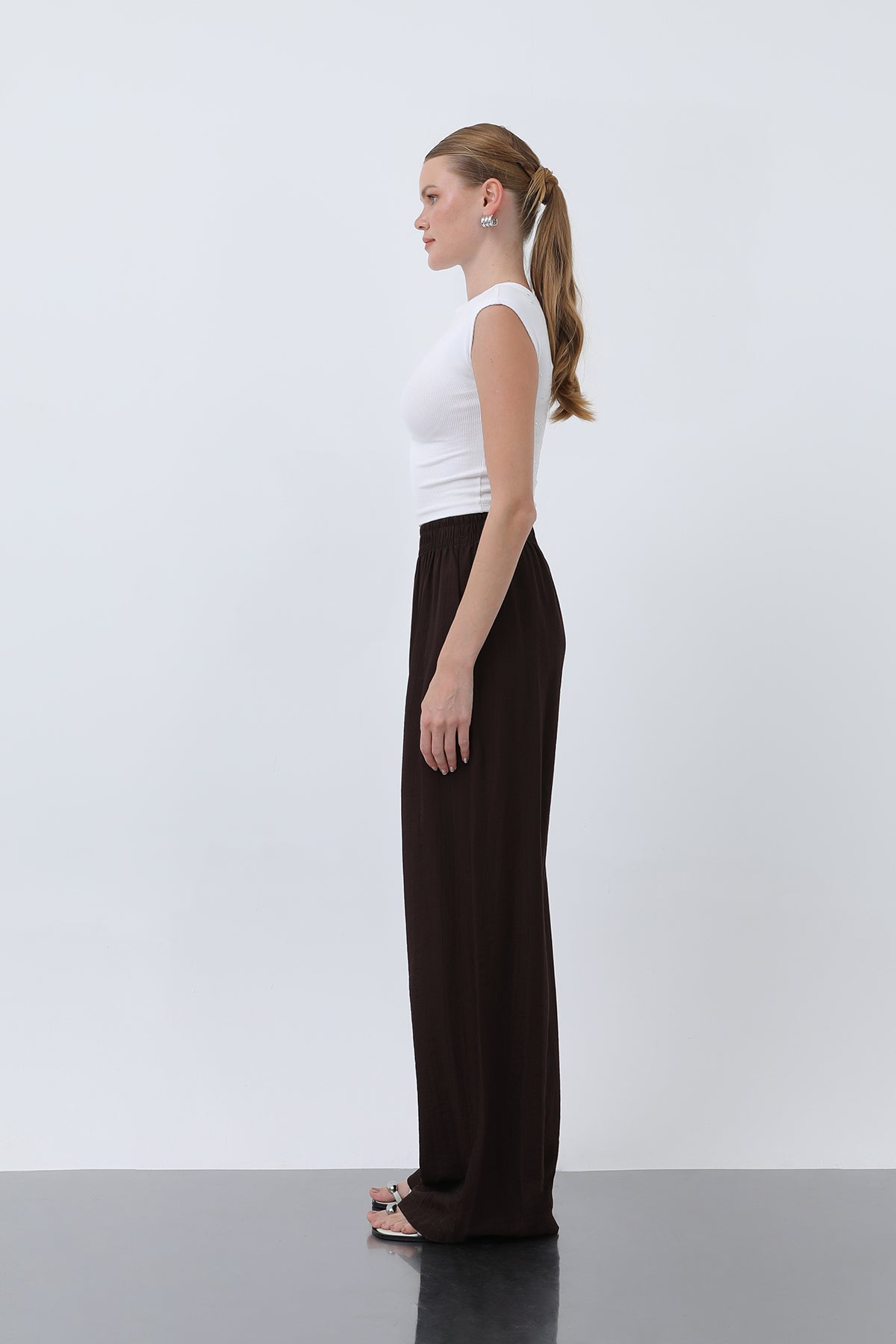 Kadın Beli Lastikli Bol Pantolon - 18239PNT BROWN