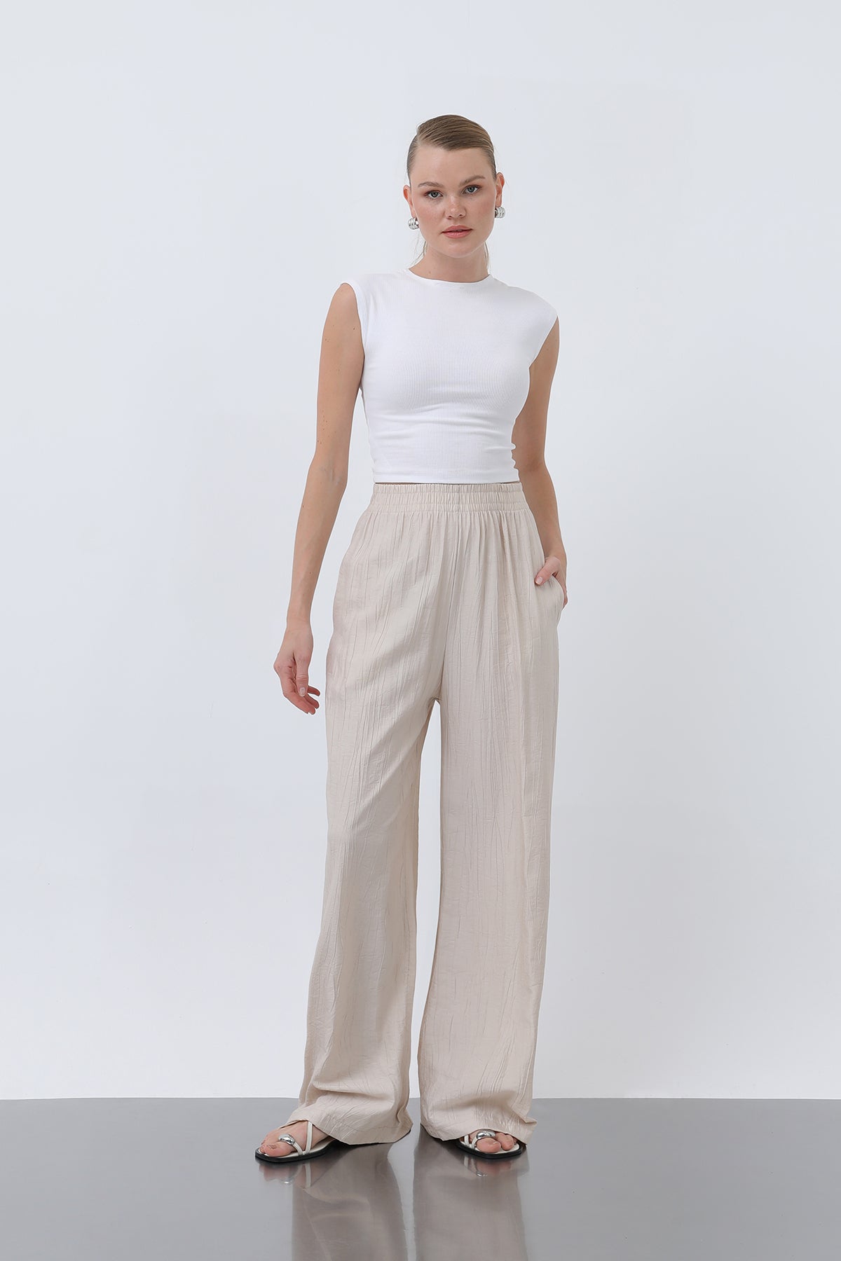 Kadın Beli Lastikli Bol Pantolon - 18239PNT BEIGE
