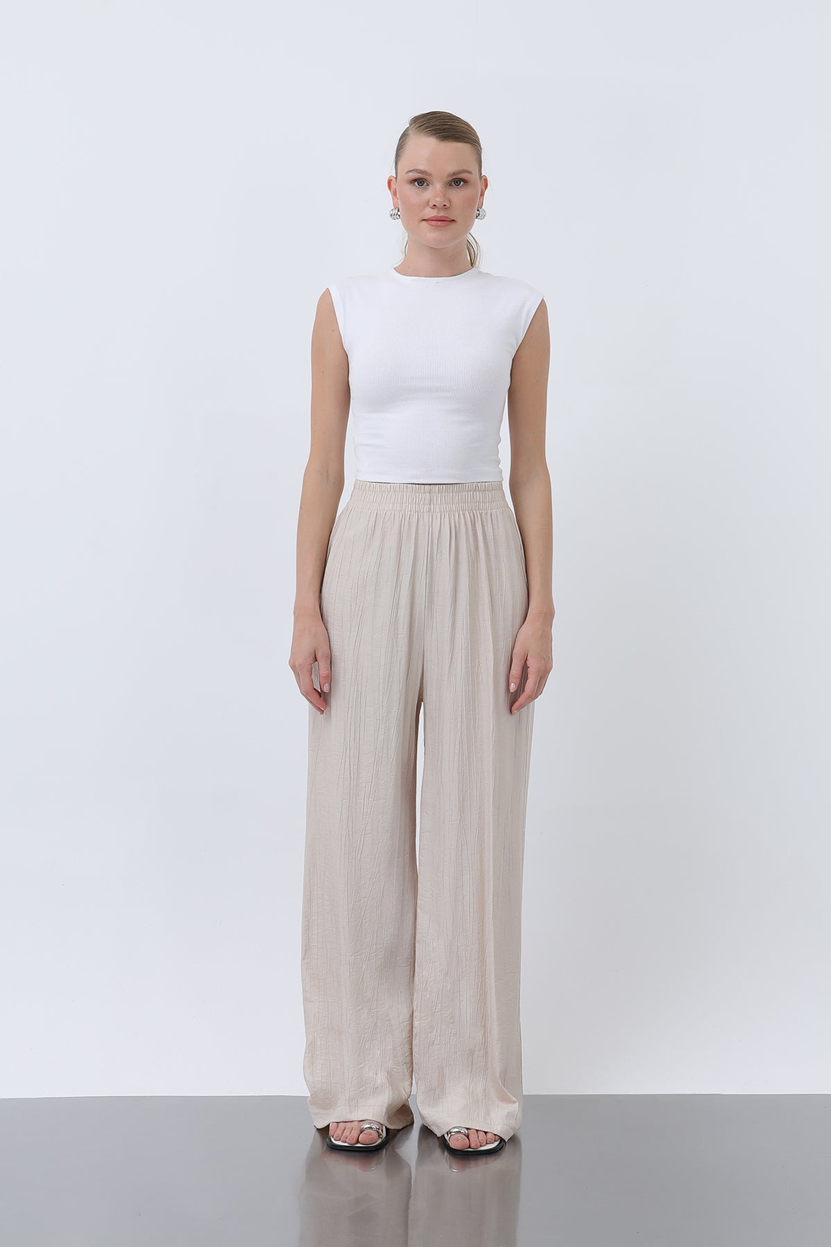 Kadın Beli Lastikli Bol Pantolon - 18239PNT BEIGE