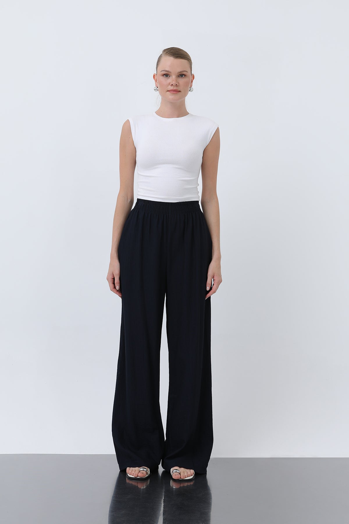 Kadın Beli Lastikli Bol Pantolon - 18239PNT NAVY