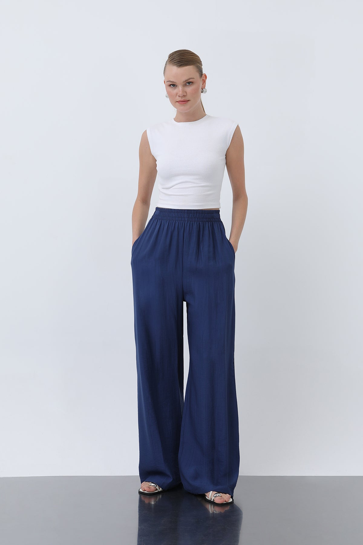 Kadın Beli Lastikli Bol Pantolon - 18239PNT INDIGO