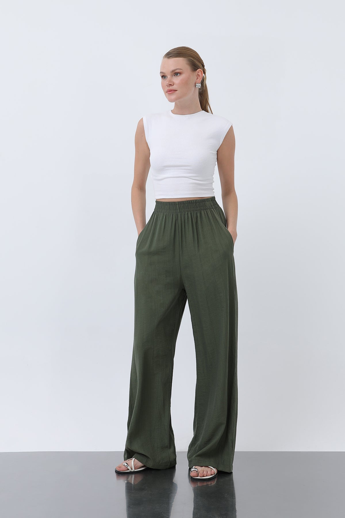 Kadın Beli Lastikli Bol Pantolon - 18239PNT KHAKI