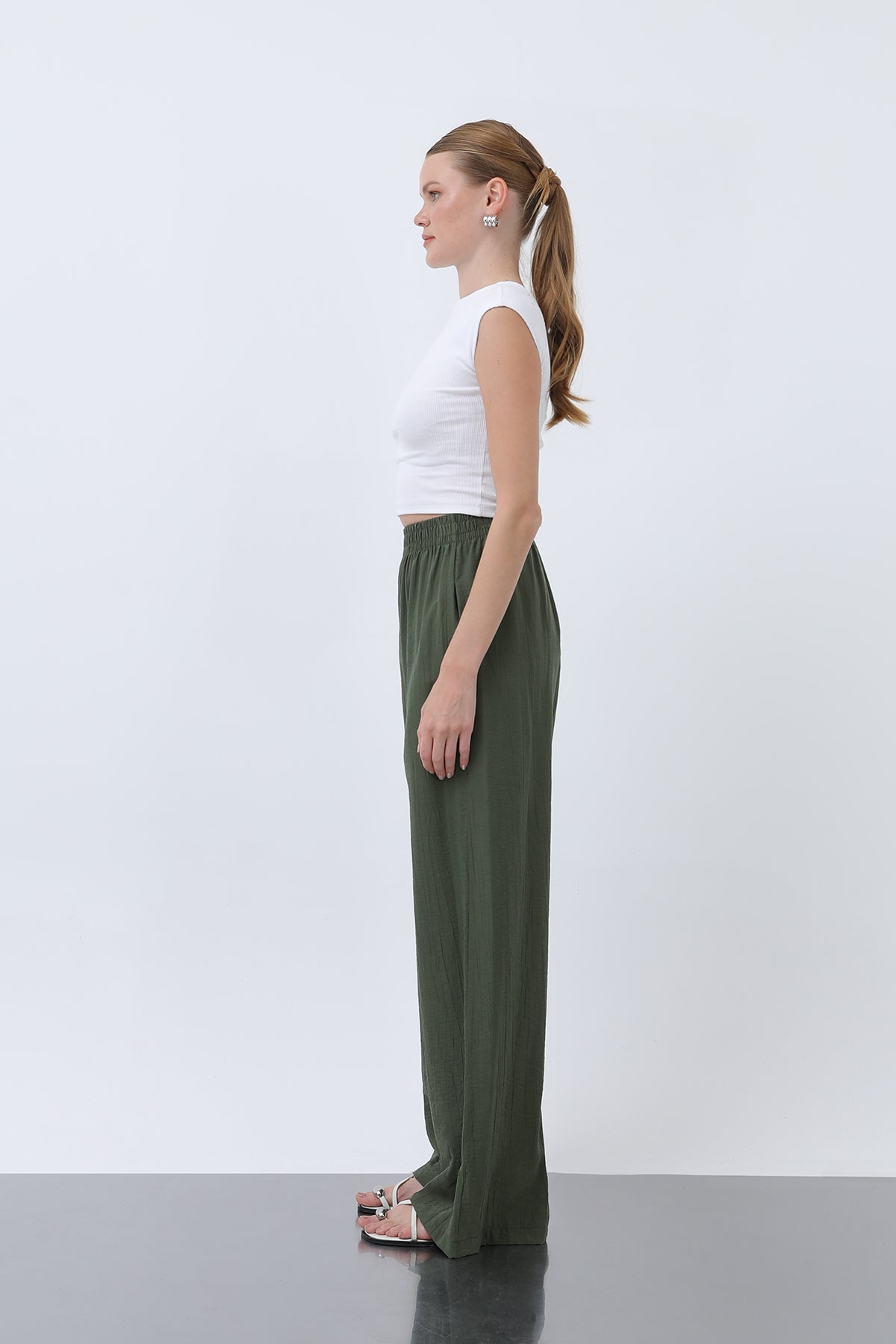 Kadın Beli Lastikli Bol Pantolon - 18239PNT KHAKI