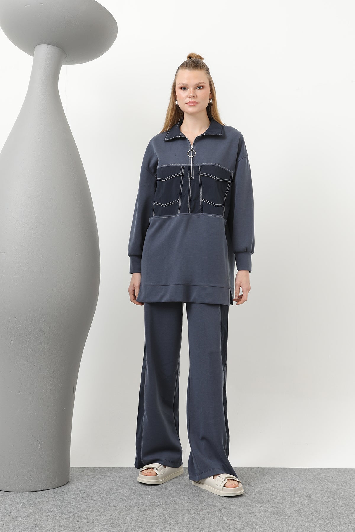 Kadın Dikiş Detaylı Cepli Takım - 20602TKS INDIGO-NAVY