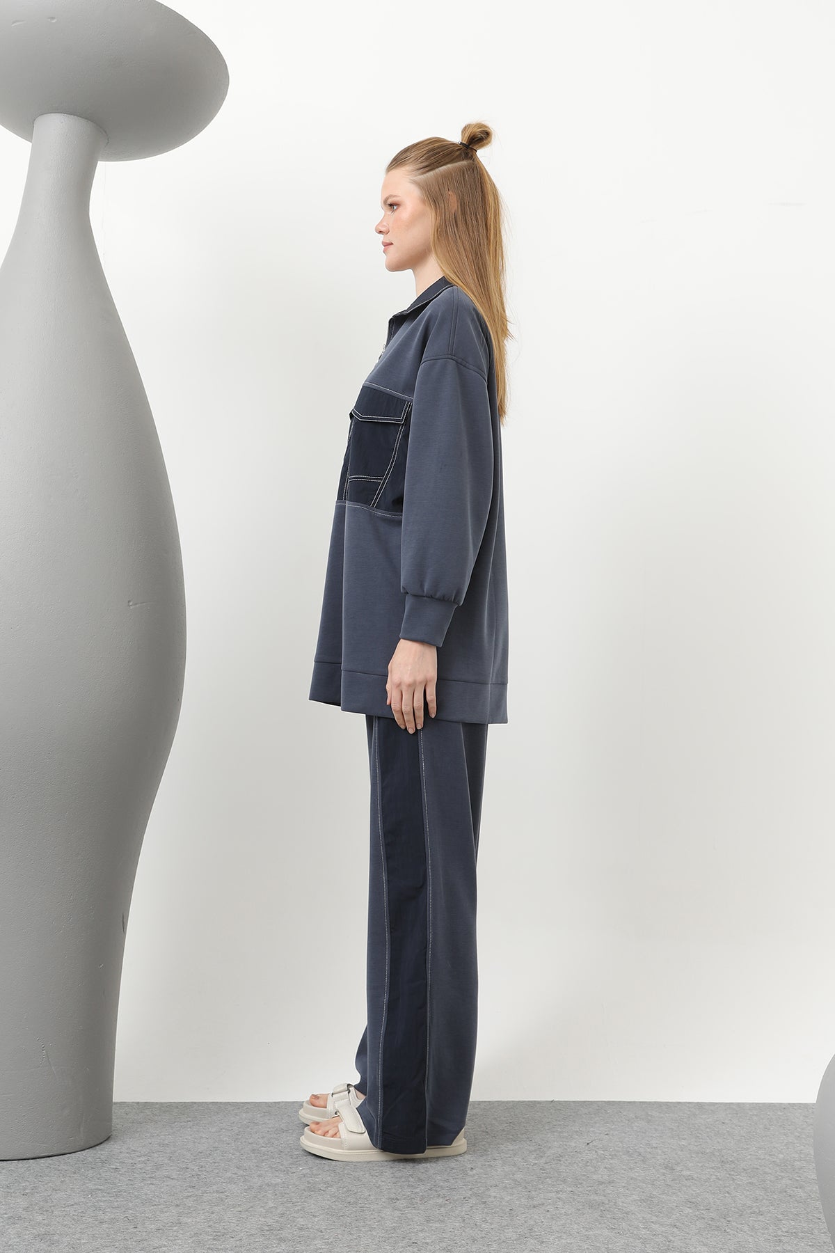 Kadın Dikiş Detaylı Cepli Takım - 20602TKS INDIGO-NAVY
