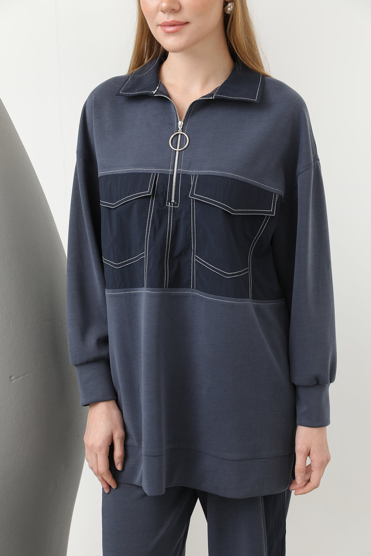 Kadın Dikiş Detaylı Cepli Takım - 20602TKS INDIGO-NAVY